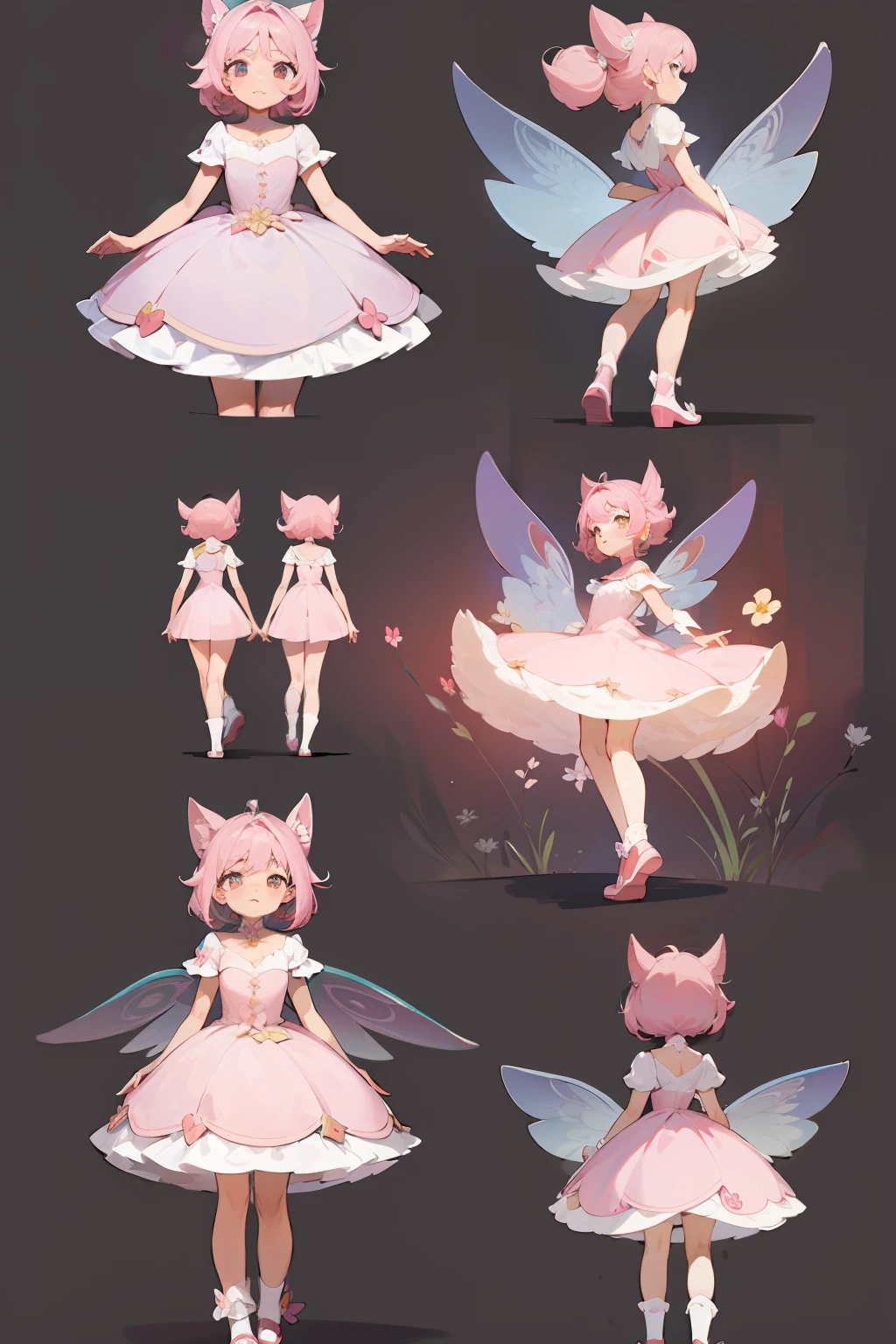 personagem fada, com grandes asas de bobolette, (various poses and expressions, back, corpo inteiro), Children's book illustration style, simples, fofo, Mulher de 25 anos, cores cheias, sapatos rosa, vestido flor, Roupas Flores, cabelo rosa, (Face Ultra Detalhada), cor flutuante, - no stub --seed 3700977166