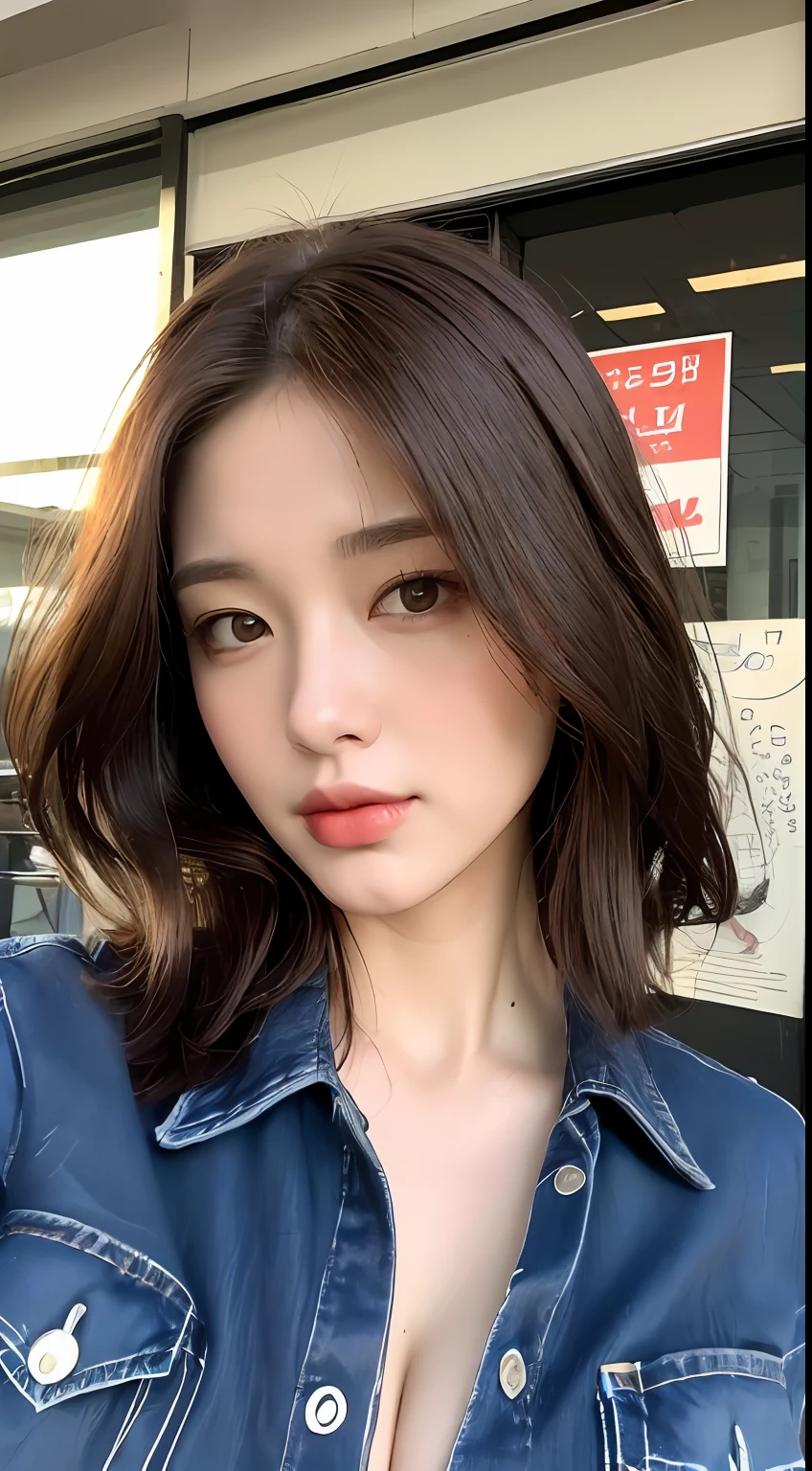 ((Best quality, 8k, Masterpiece :1.3)), Sharp focus :1.2, A pretty woman with perfect figure :1.4, Slender abs :1.2, ((Dark brown hair, gigantic breasts :1.4)), (wearing white button up shirt, Jean :1.1), City street:1.2, Highly detailed face and skin texture, Detailed eyes, Double eyelid