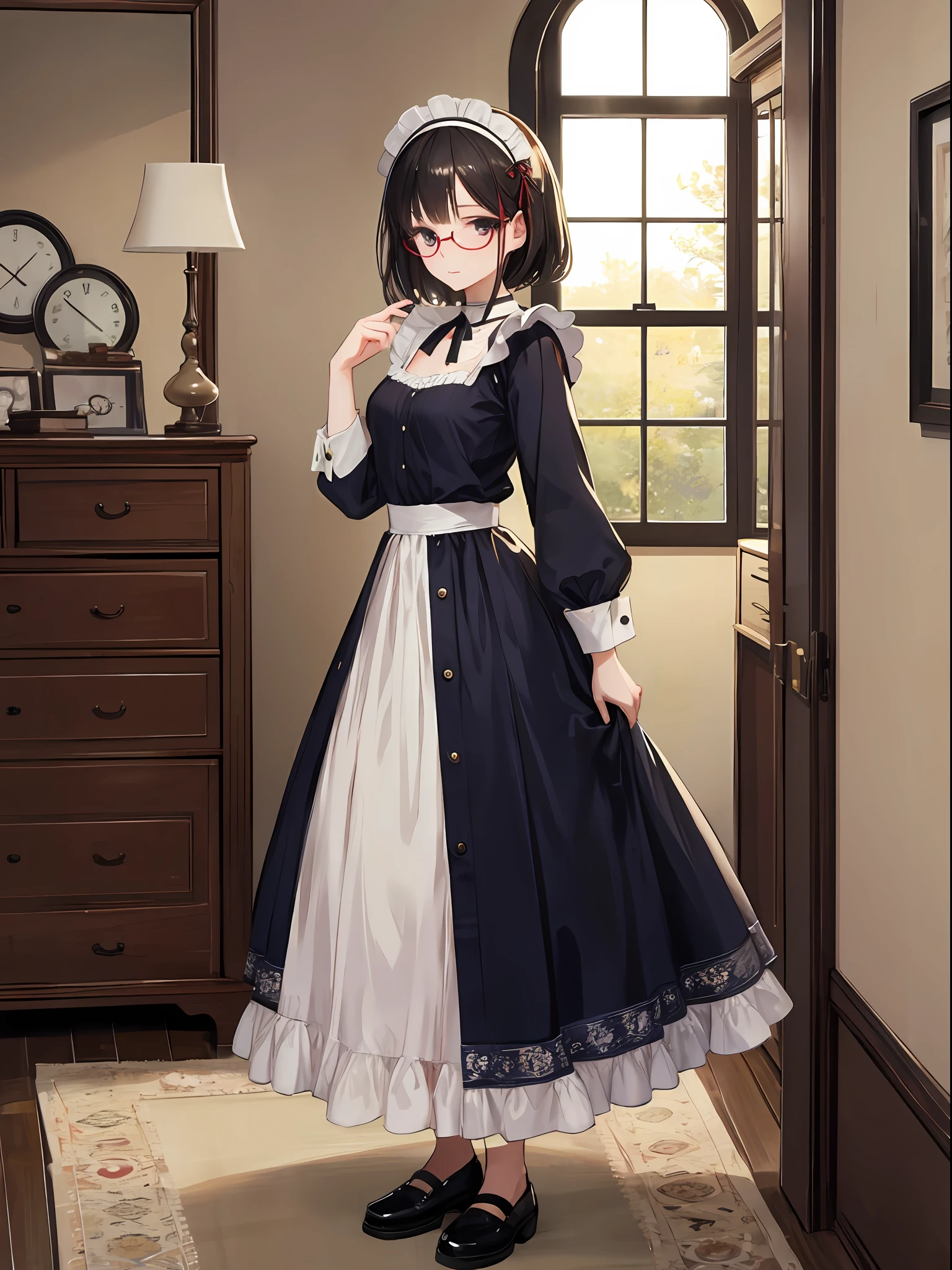 Full body photo of beautiful petite sexy woman wearing round glasses、vila、maid clothes、A dark-haired、country、in a house、Playful、greedy