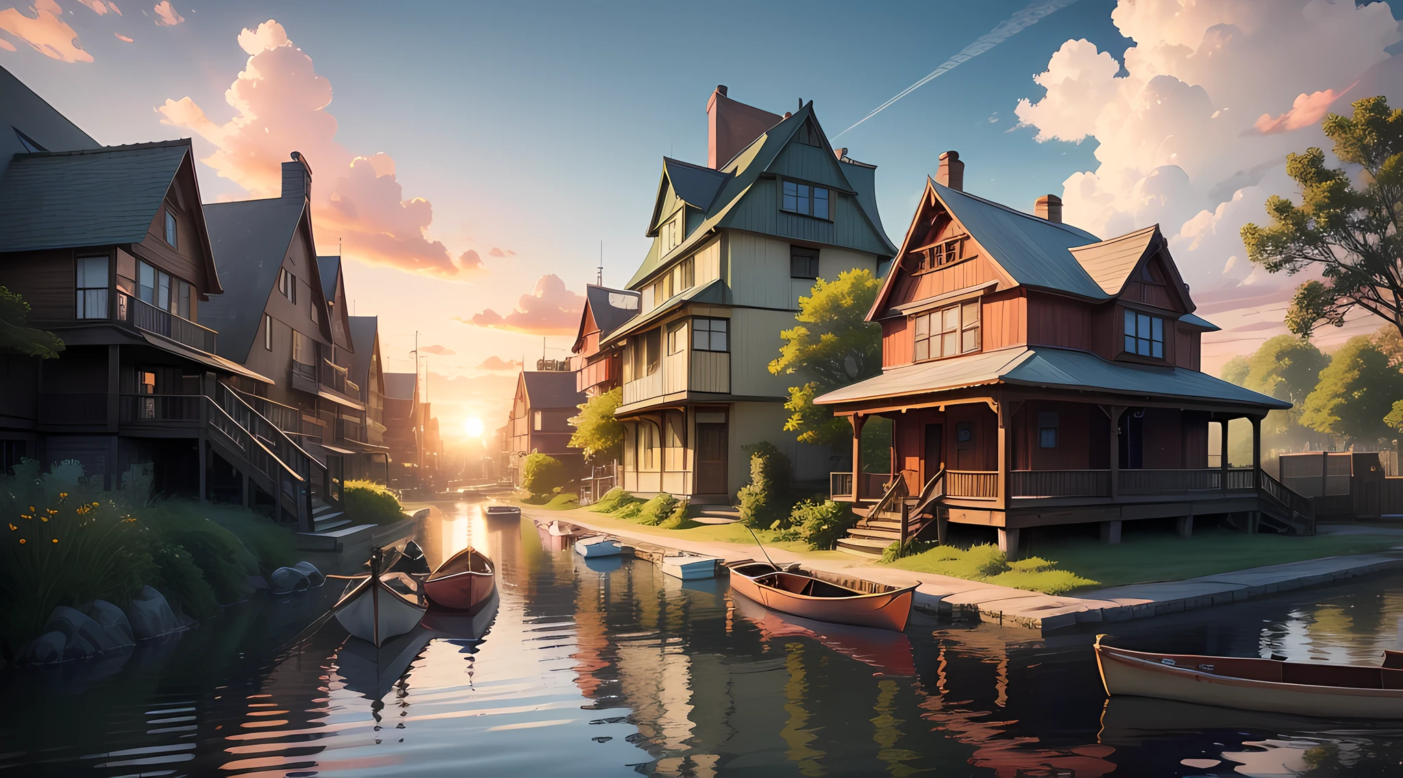 An anime scene that takes place in Brooklyn and has a sense of sunset humor. landscape. Camera close-up fisheye lens style. Changes in architectural style, No duplication of designs. Old house and clay roof. With the details of the pipeline, Vegetation and things in nature. Add a small canoe sailing on Water Street. Add some fantasy and magic to the image. Use more sunset vibe in color，Sunlight shines through the clouds