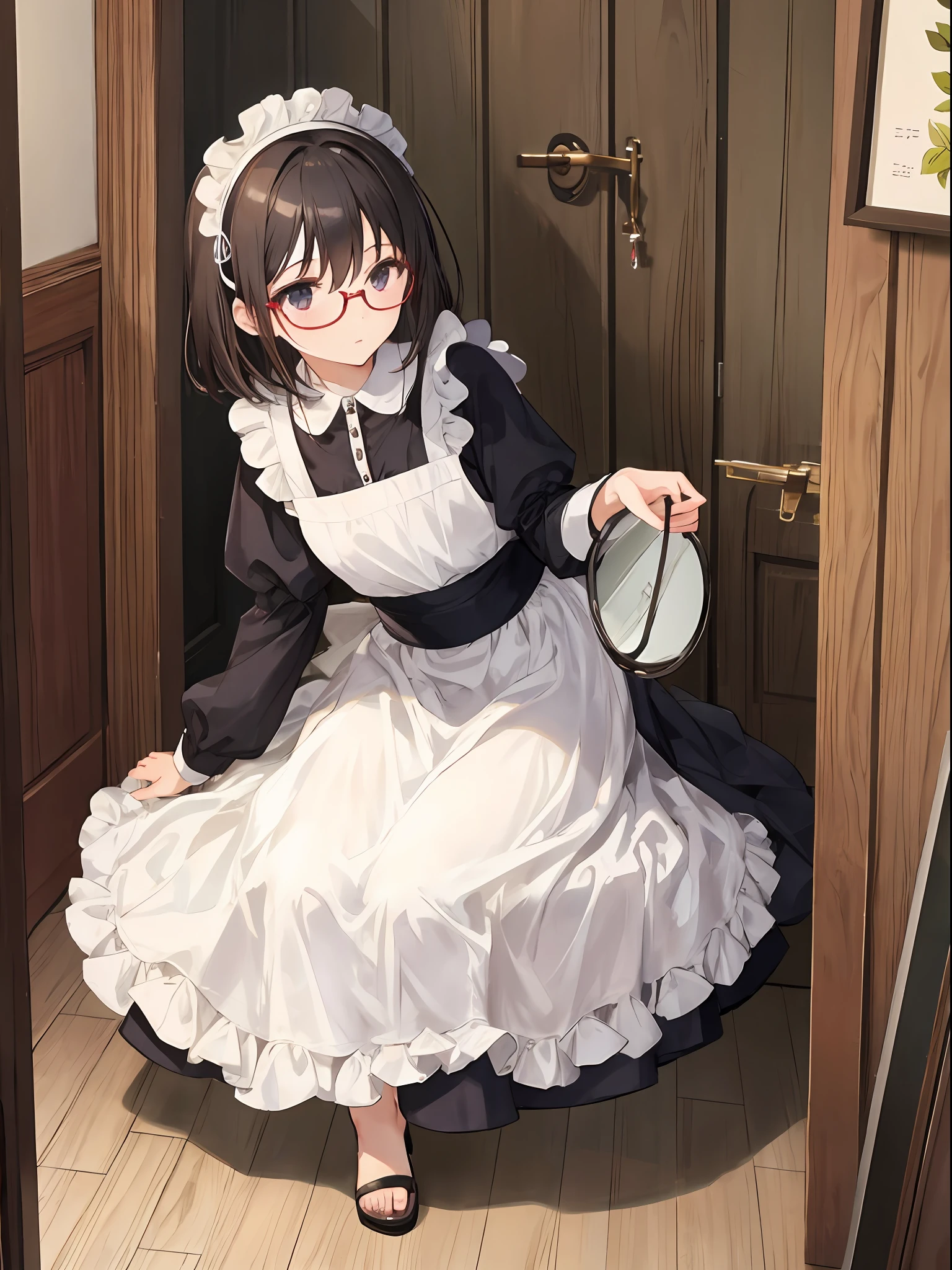 Full body photo of beautiful petite sexy woman wearing round glasses、vila、maid clothes、A dark-haired、country、in a house、Playful、greedy