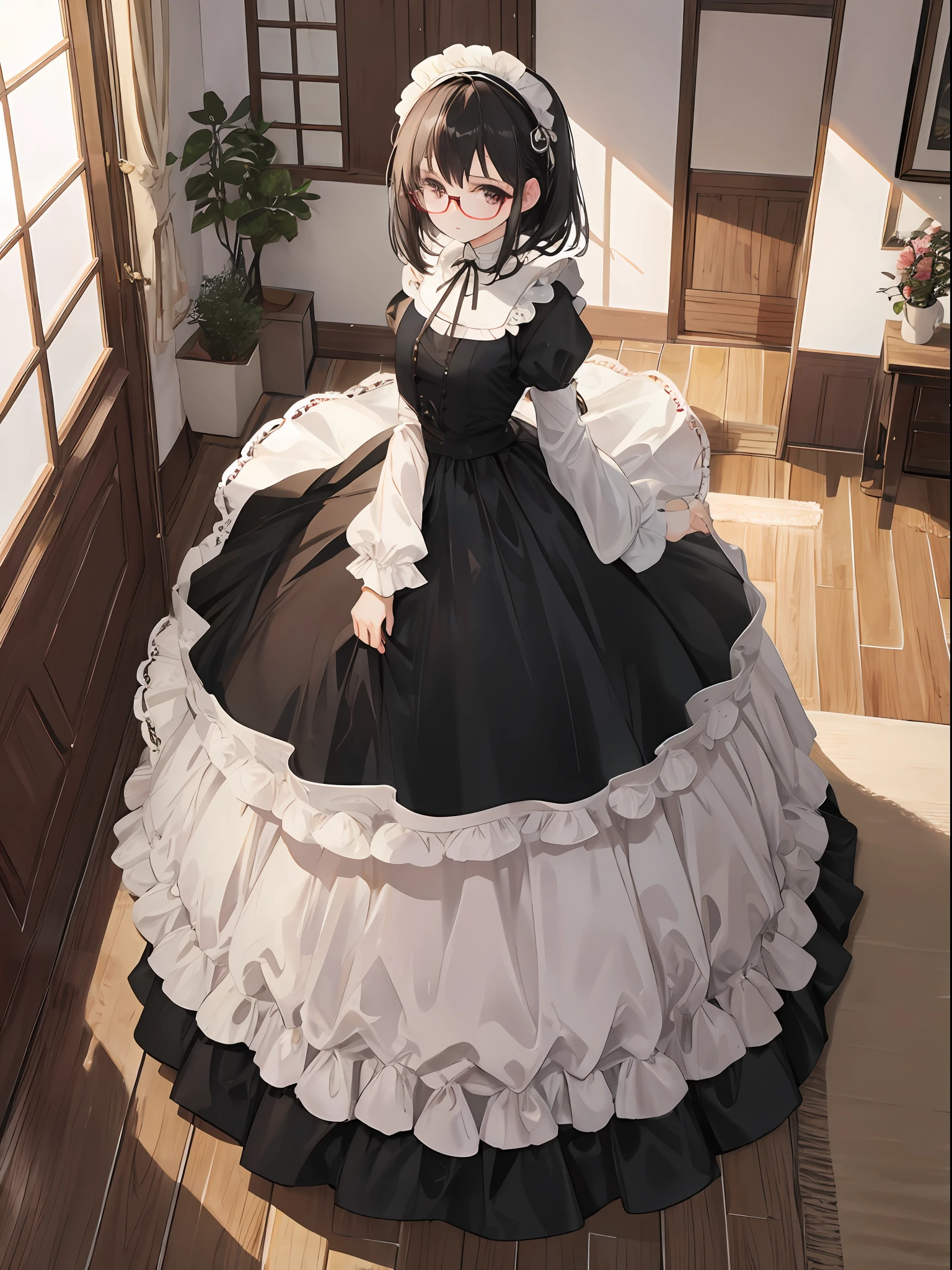 Full body photo of beautiful ite sexy woman wearing round glasses、vila、maid clothes、A dark-haired、Country、inside the house、Playful、greedy