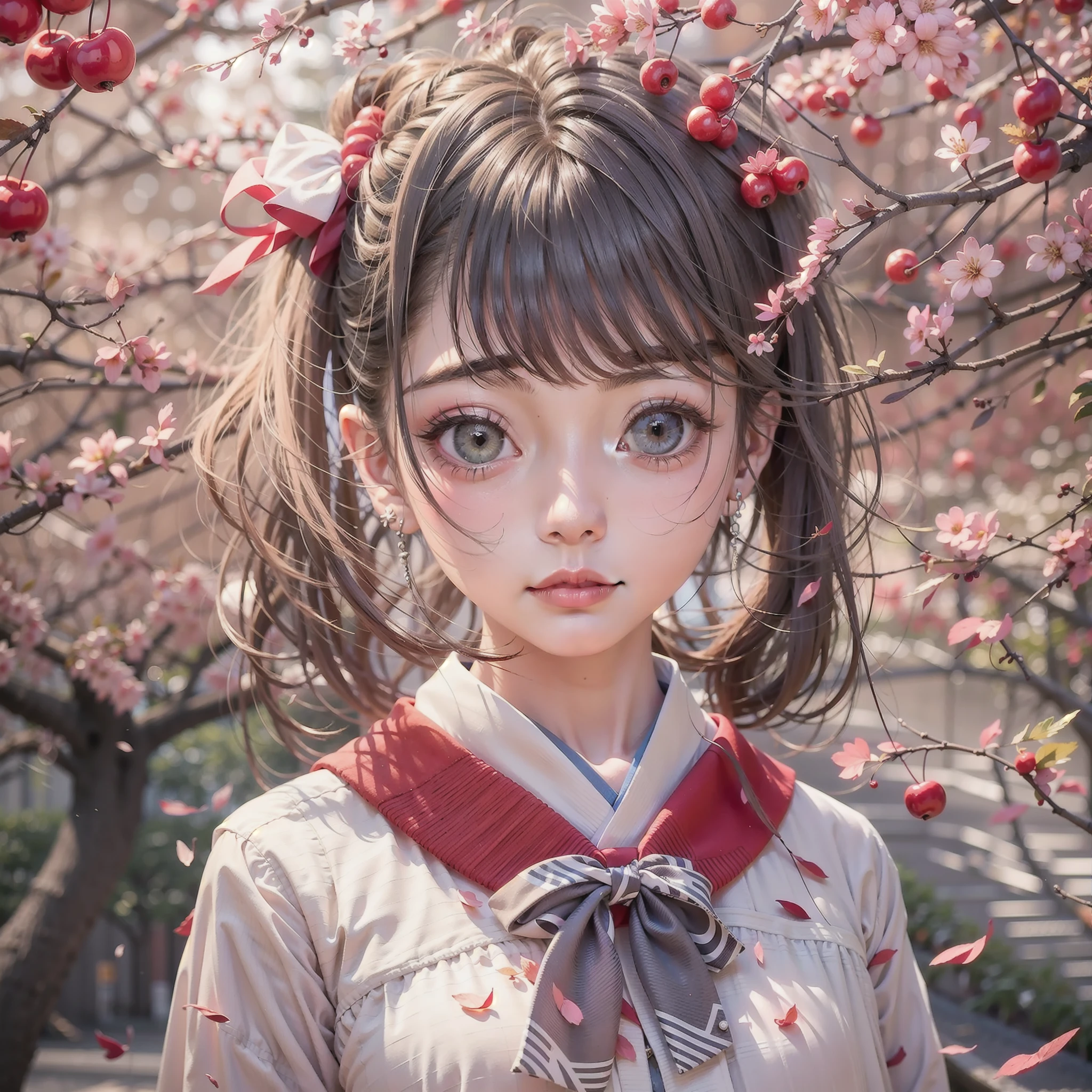 Japanese woman, green eyes, wearing Japanese school clothes, cute short skirt، cute short twintails, pink glossy lips, red cheeks, Cherry tree in the background, cherry leaves are falling, from above.