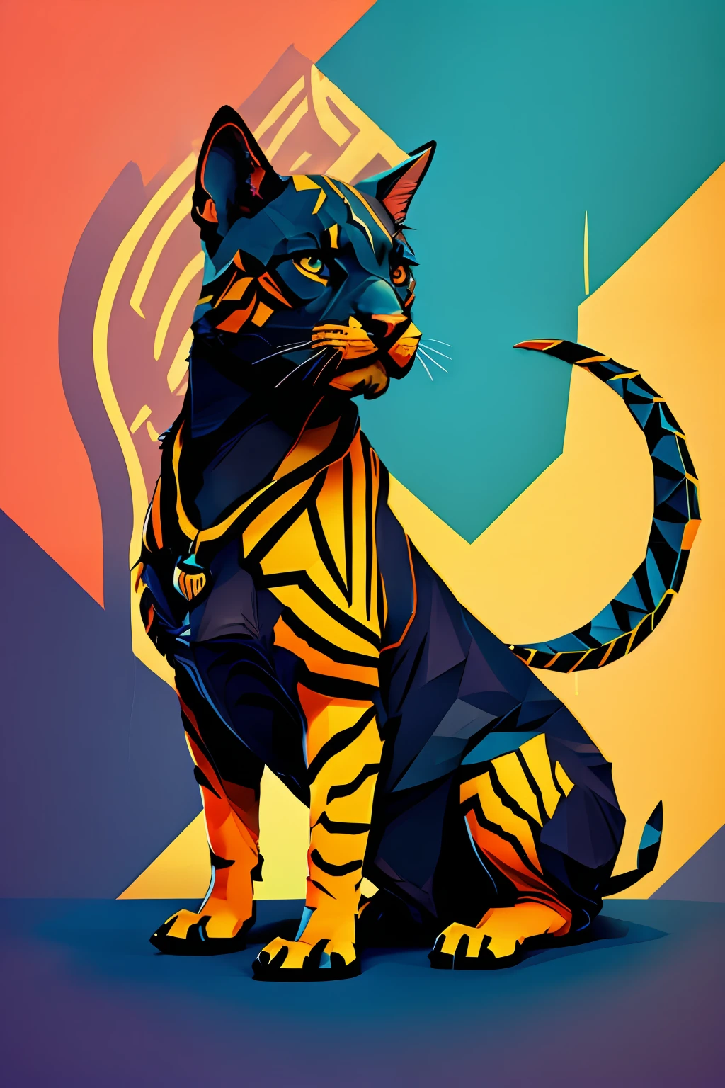 a silhouette design of 1panthera, 3D vector art, beautiful and quirky, bold bright color, black background, blue, yellow and orange colors, digital painting, low-poly, panoramic view, isometric style, retro aesthetic, character-focused, 8k resolution, photorealistic rendering, using 4D Cinema, front side.