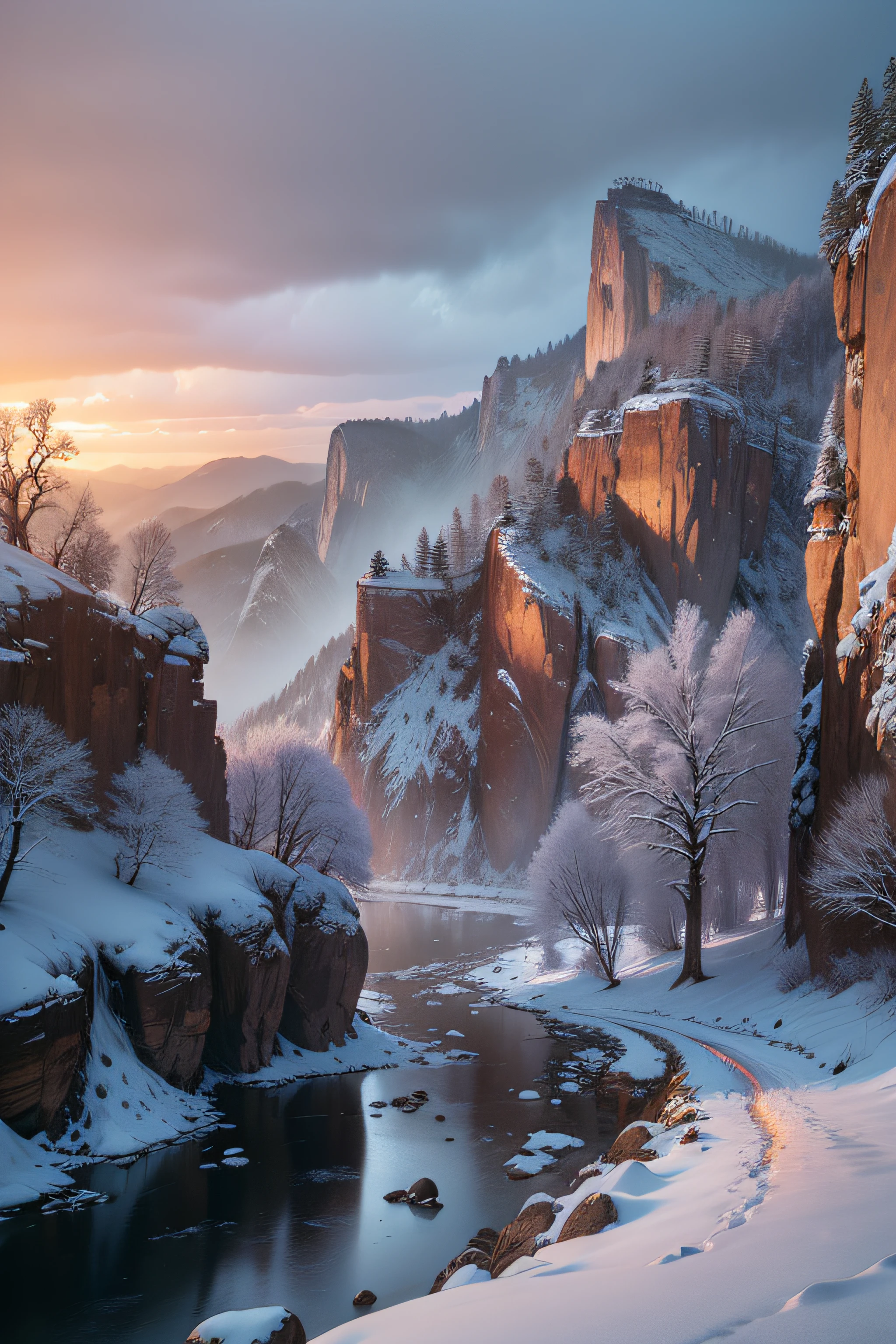 professional high quality,majestic digital art of a picturesque nature of a
steep rocky walls gorge,bare tree and desert in
spring in the morning dawn, snowing blizzard weather,
dramatic lighting, 8k resolution, detailed, focus, mid range shot
environmental art photography,naturalism
by Bob Ross,by Michael James Smith