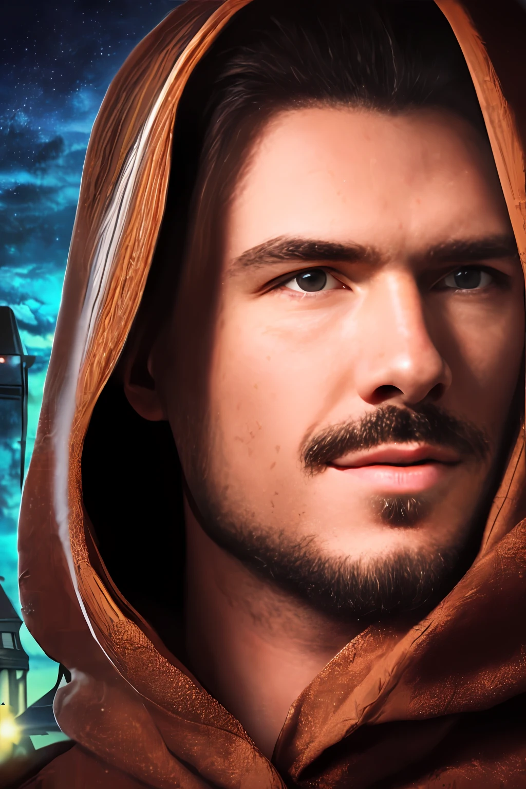 Analog photo of a guy, Full face and chest, IGPPV01:1.8, 30 years, warlock, in the robe of a wizard with a hood, magic, in a dark fantasy world, night time, Thunder and lightning at the background, deep-shadows, Low key, rim light, Masterpiece, DSLR camera, RAW photo, Realistic, ultra detailed face and eyes, sharp-focus, bokeh, Film grain, cinematiclight