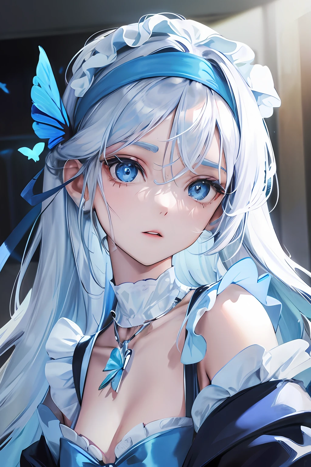 Glowing blue butterfly,misterious,blue maid outfit,Wear a headband,There is a necklace around the neck,The expression is gentle,Clear facial features,perfect bodies,Cupcakes,1girll,blue color eyes,long white hair,