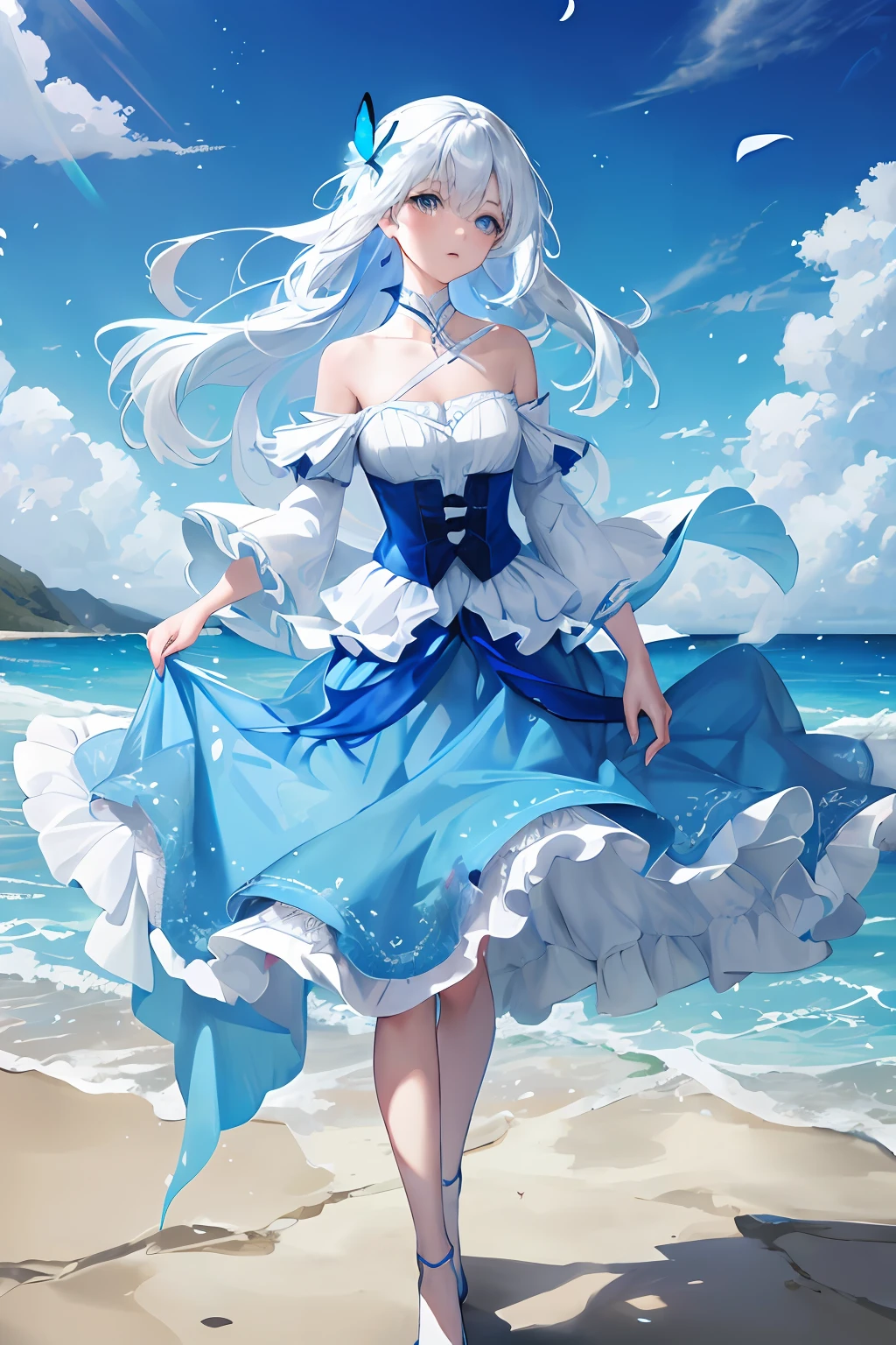 ,blue skirts,1girll,blue color eyes,long white hair,Side Body,Stand on the edge of the beach,Glowing blue butterfly,falling flower petals,exteriors,clouds,Detail enhancement,best qualtiy,Perfect image quality,The wind blows the hair,Elegant blue dance dress,Beautiful and gentle