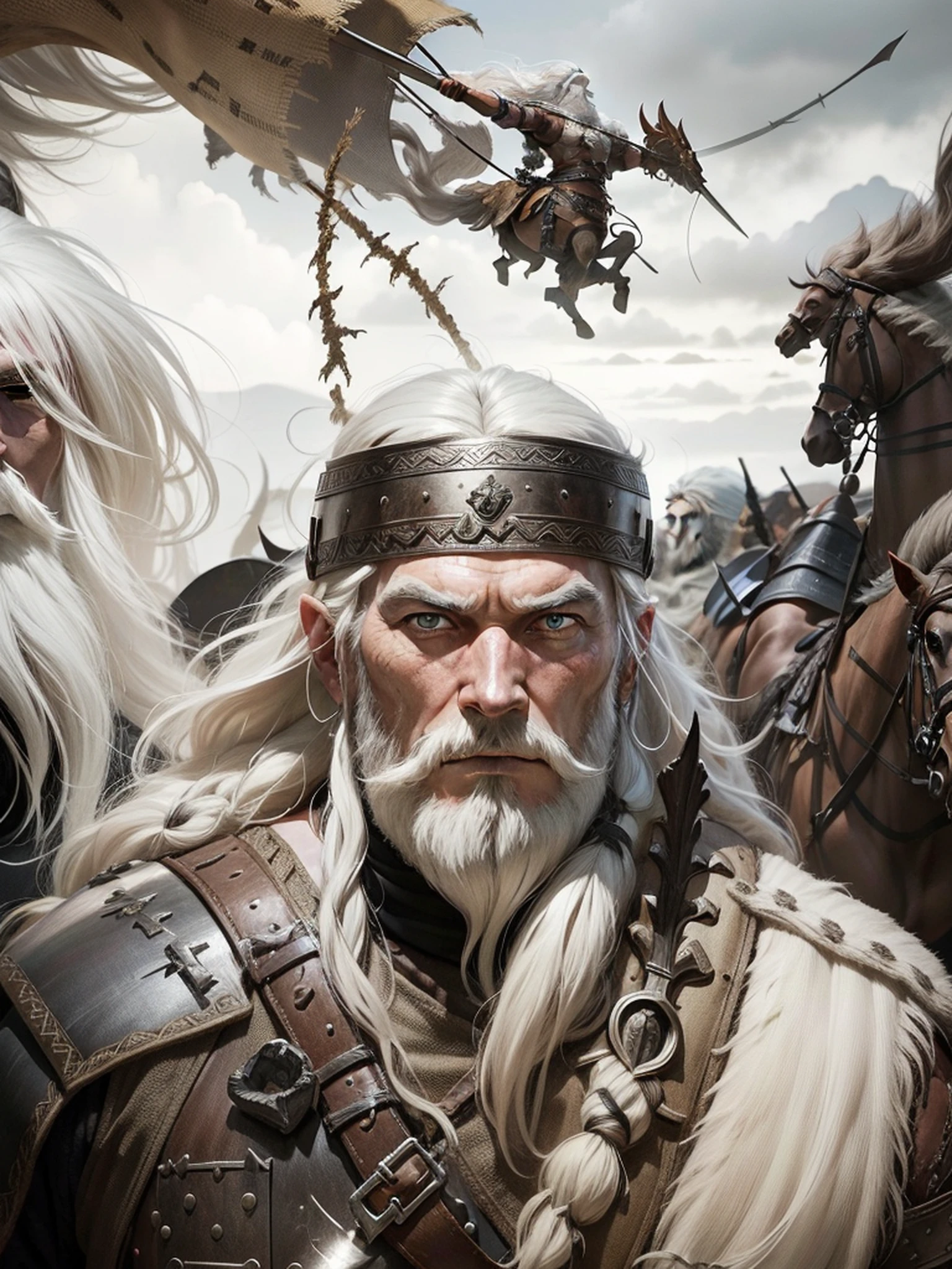 A Viking warrior with a white beard and white hair and brown eyes is leading his army into battle. He is a courageous and experienced leader, and his men follow him with confidence. --auto