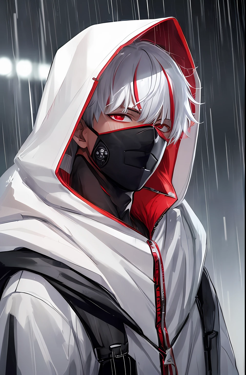 kk, best quality, more details, masterpiece, 1boy, kaneki ken, portrait, male focus, red eyes, solo, bangs, looking at viewer, hood, short hair, rain, tokyo tokyo \(city\),  hood up, nail polish, white hair, luxurious, 8k, detailed, ray tracing, depth of field, cinematic lighting,