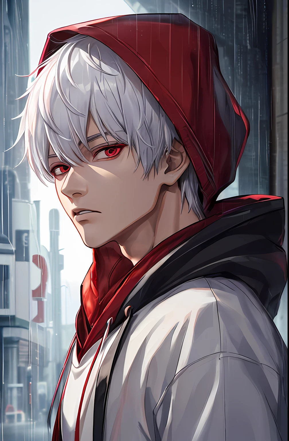 kk, best quality, more details, masterpiece, 1boy, kaneki ken, portrait, male focus, red eyes, solo, bangs, looking at viewer, hood, short hair, rain, tokyo tokyo \(city\), hood up, nail polish, white hair, luxurious, 8k, detailed, ray tracing, depth of field, cinematic lighting,