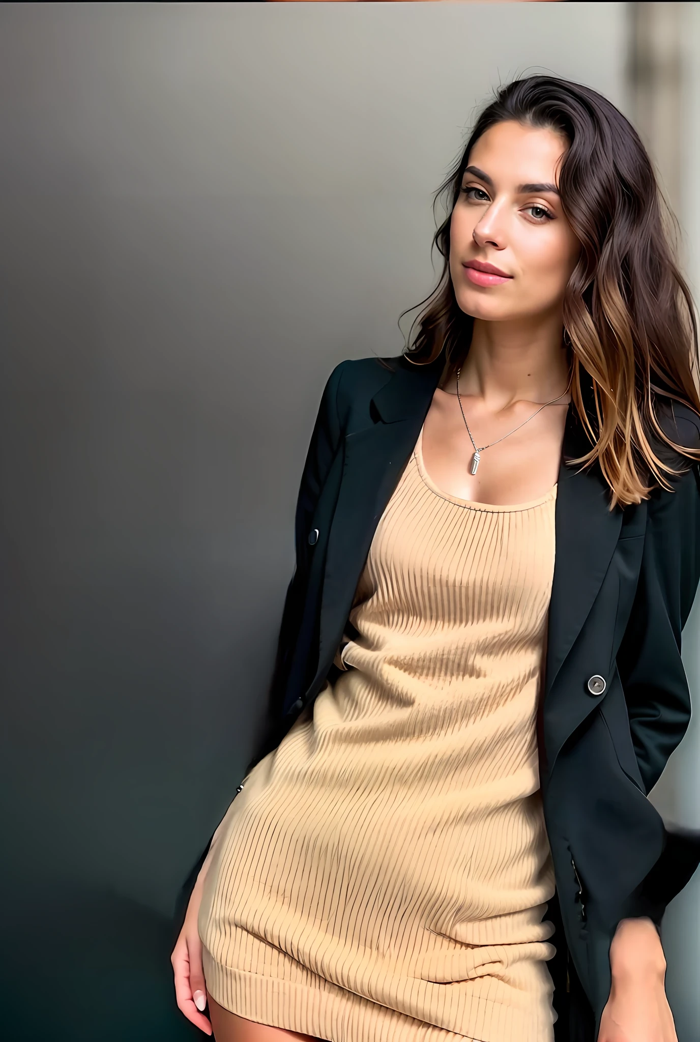 Longer beige sweater and longer hair