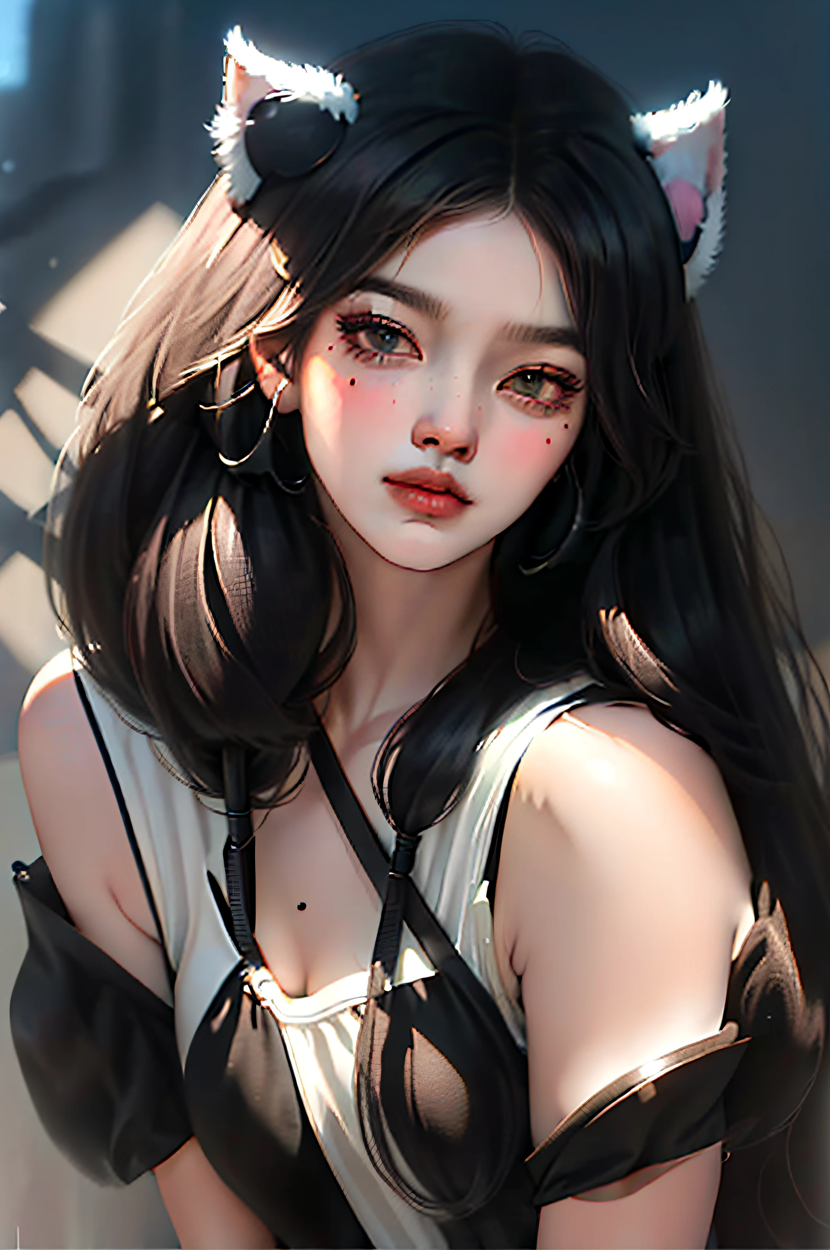 black hair, hair bobbles, wince, solid circle eyes, fake animal ears, ear blush, black hair, mole under eye, shy, Surrealism, drop shadow, anaglyph, stereogram, tachi-e, pov, atmospheric perspective, high detail, chiaroscuro, 8k, super detail, ccurate, best quality
