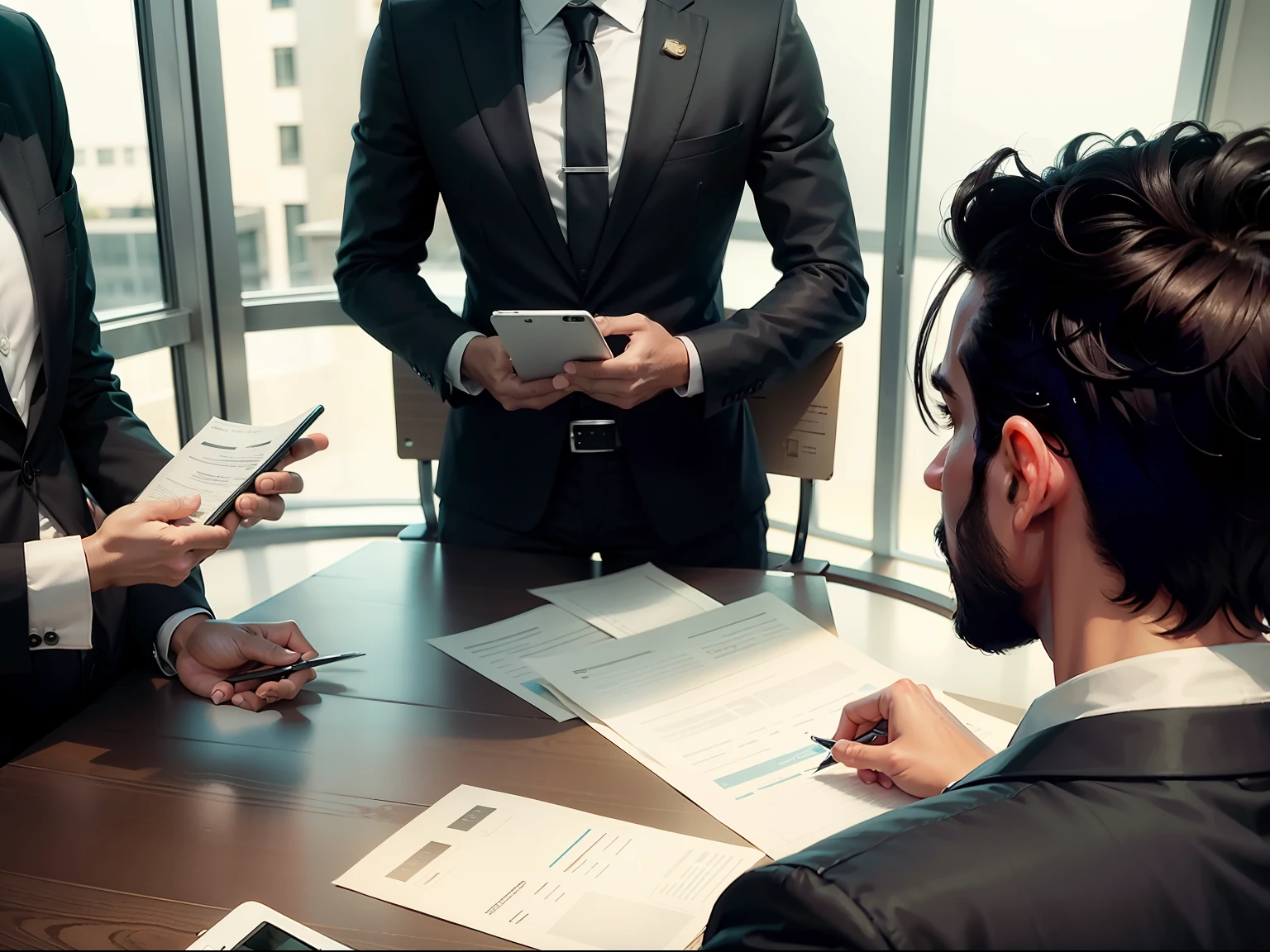 An image of the manager talking with debtors, negotiating reduced amounts.
