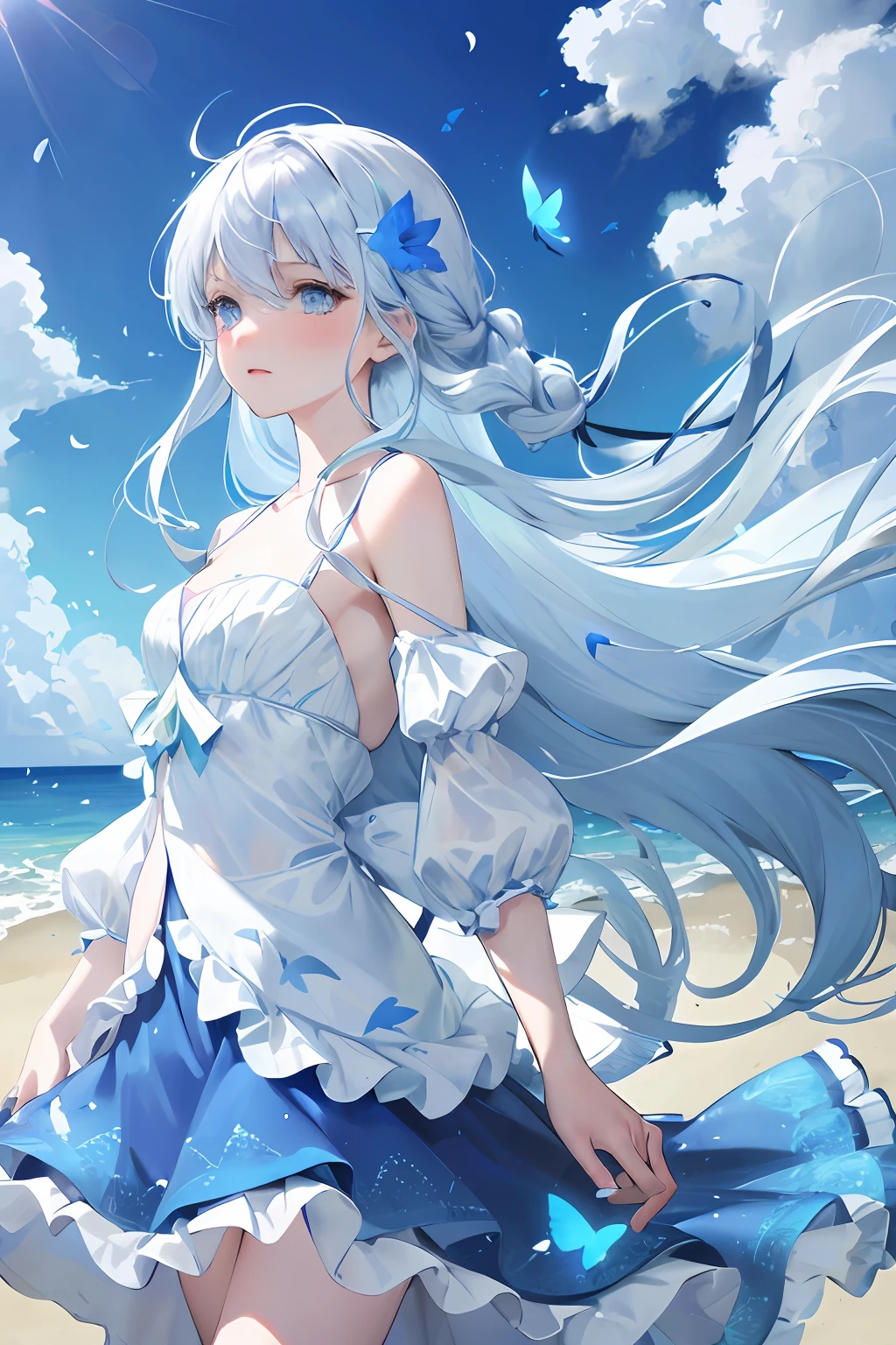 ,blue skirts,1girll,blue color eyes,long white hair,Side Body,Stand on the edge of the beach,Glowing blue butterfly,falling flower petals,exteriors,clouds,Detail enhancement,best qualtiy,Perfect image quality,The wind blows the hair,Elegant and lightweight blue gauze dance dress,Beautiful and gentle