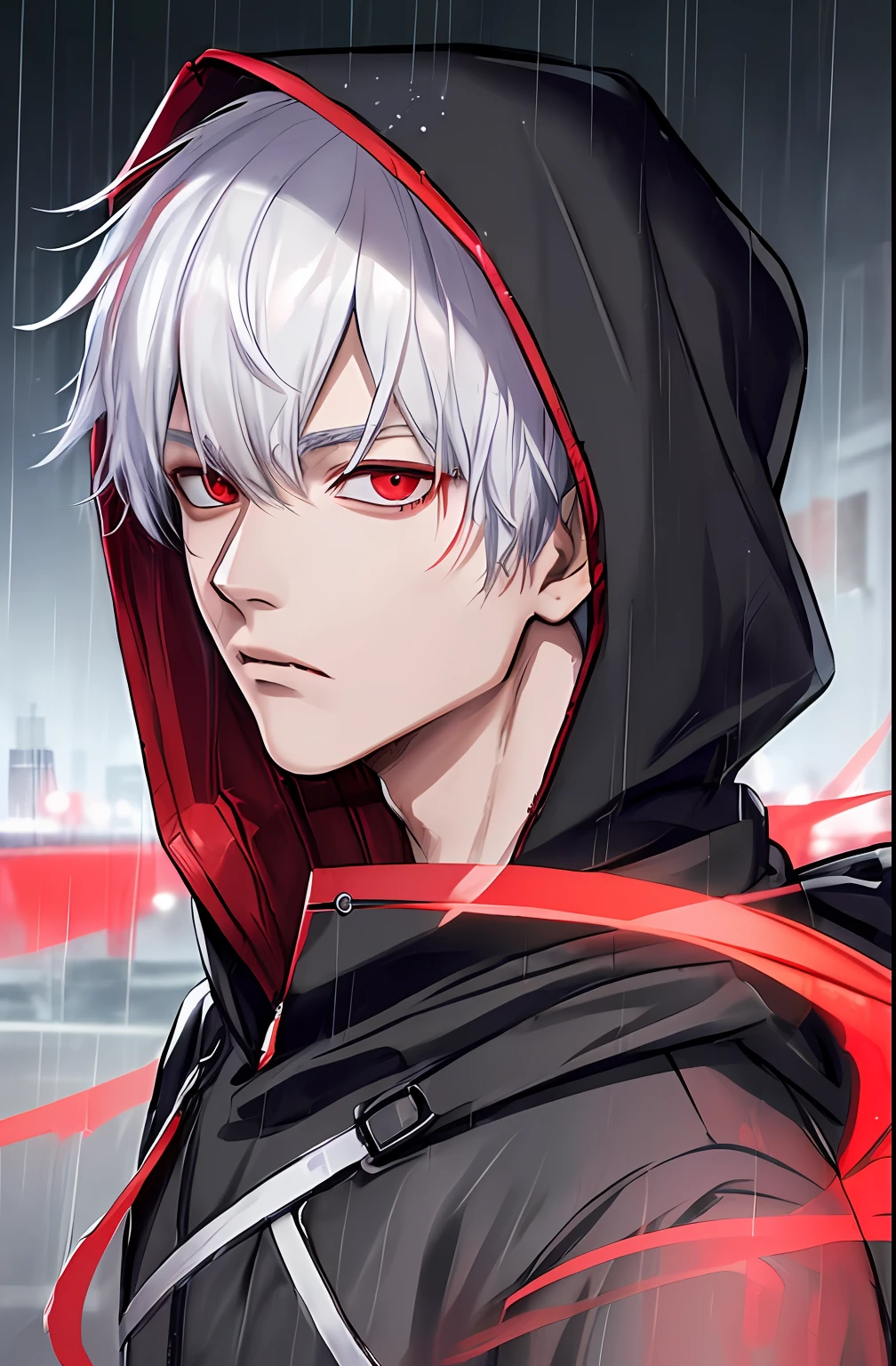 kk, best quality, more details, masterpiece, 1boy, kaneki ken, portrait, male focus, red eyes, solo, bangs, looking at viewer, hood, short hair, rain, tokyo tokyo \(city\), hood up, nail polish, white hair, luxurious, 8k, detailed, ray tracing, depth of field, cinematic lighting,