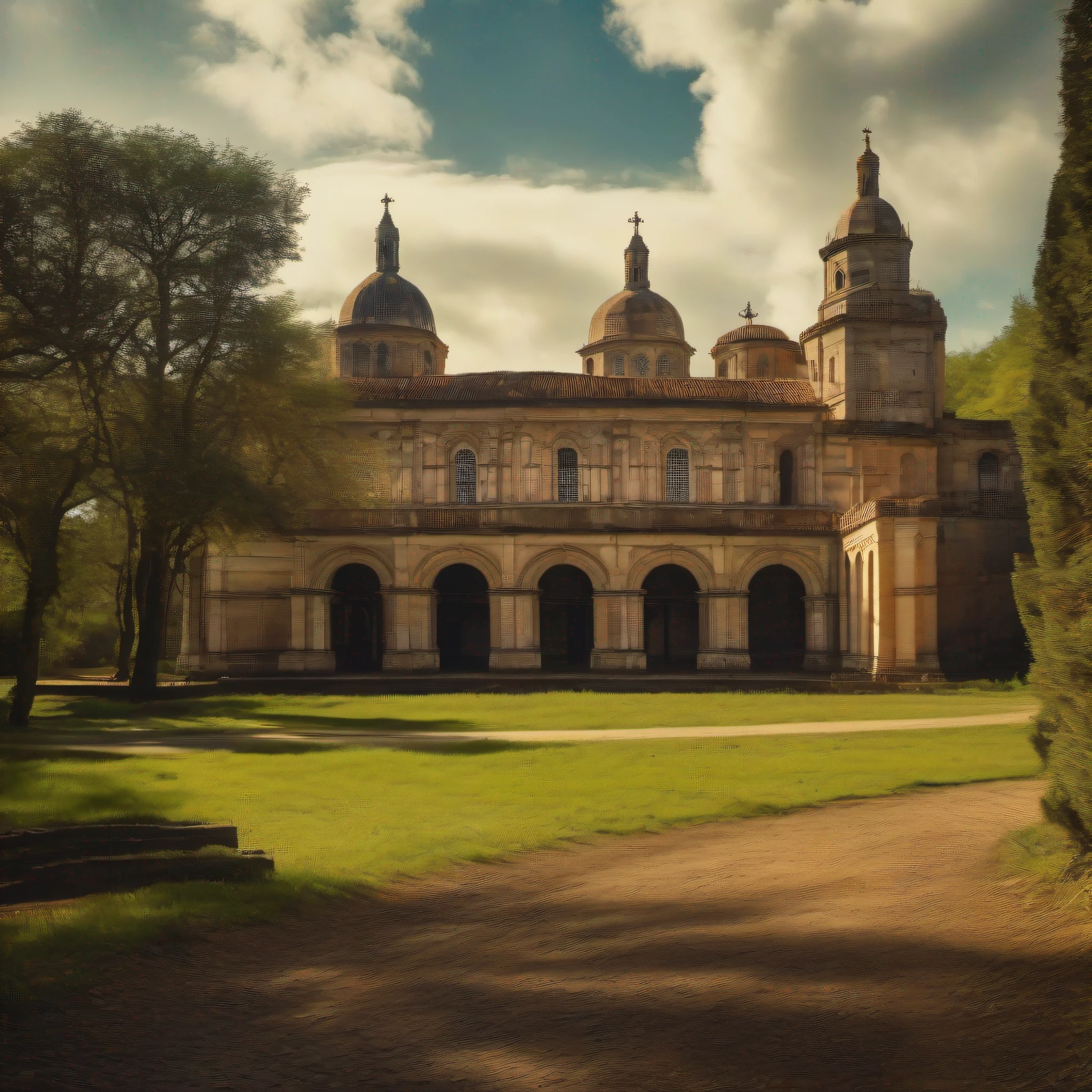 (Panoramic map) Enorme y antiguo y sucio convento en el bosque . still from a movie (Hasselblad x2d) (Lentes de 16mm) (Luz dura alto contraste), realista, Altamente detallado, (En foco) (Dirigida por David Fincher) 16k ultra realista, ultra detallado