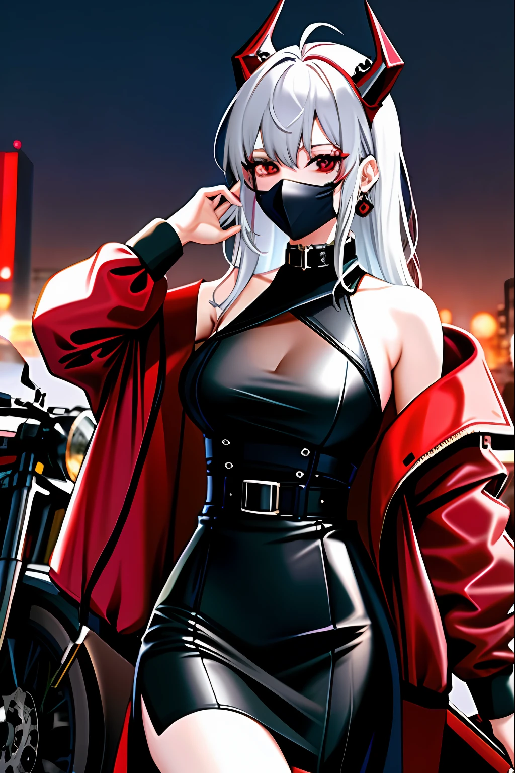 1girl, red eyes, horns, solo, jacket, mask, black jacket, earrings, jewelry, white shirt, shirt, white hair, mouth mask, hair between eyes, upper body, bangs, oni horns, open jacket, cyberpunk, neon lights, movie lighting, from the side, looking at the viewer, bad girl, ((mature woman)) The drawing features a woman with an anime or Japanese style. He has straight, deep red hair that falls to his shoulders. His eyes are also an intense red color, transmitting a determined and energetic look.

She wears an elegant dress with a cool biker theme. The dress combines the colors red and black in a striking way. The upper part of the dress is a vibrant red, with black accents that give it a bold and modern look. The skirt of the dress reaches the knees and is black, with red ornaments and details that highlight its design.

The woman has a confident and confident demeanor, possibly holding a motorcycle helmet in one of her hands. Around it, additional elements can be added to enhance the motorcyclist theme, such as a motorcycle in the background or a cityscape.