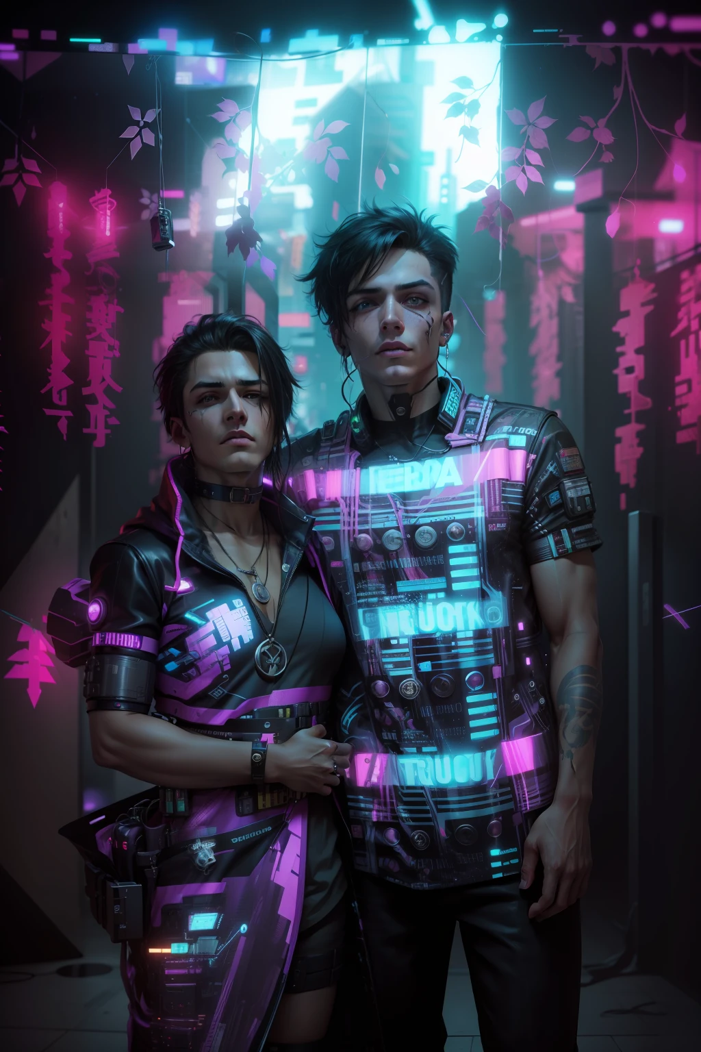 Make this photo cyberpunk, handsome boy, realistic