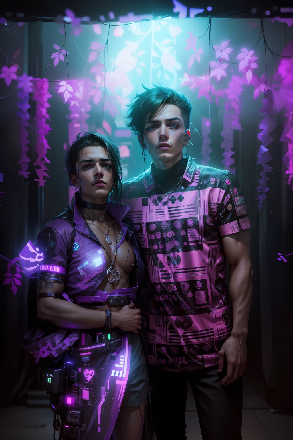 Make this photo cyberpunk, handsome boy, realistic