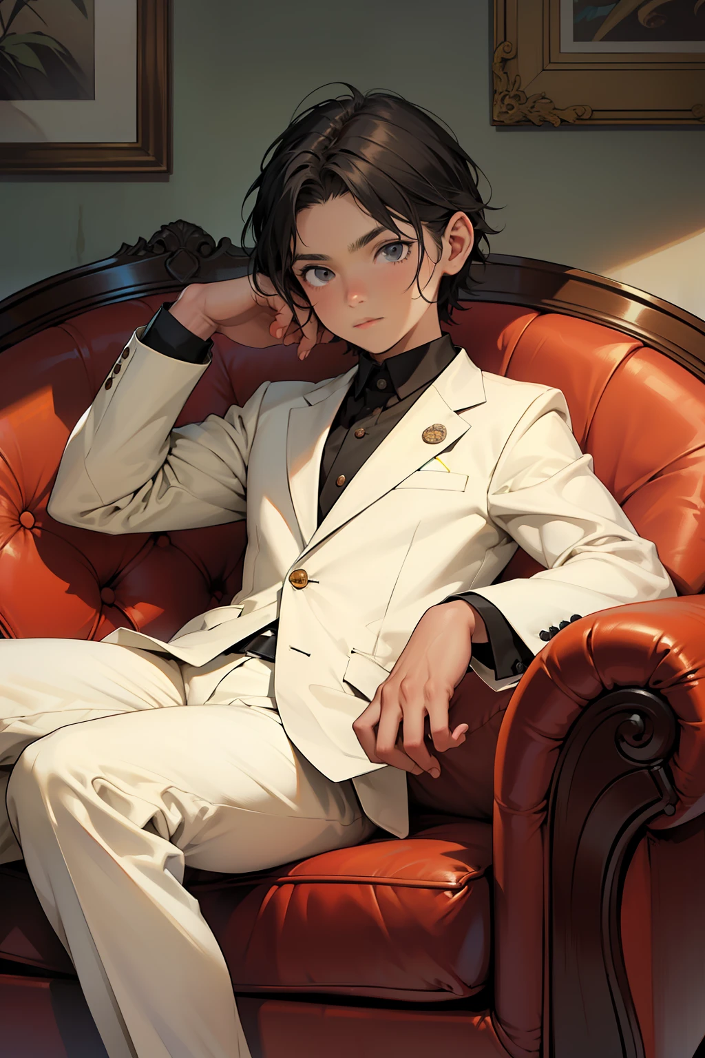 melhor qualidade)), ((obra-prima)), (altamente detalhado:1.3) A , de 8 anos, pequeno, menino, Pale with black hair wearing a suit sitting in a luxurious armchair