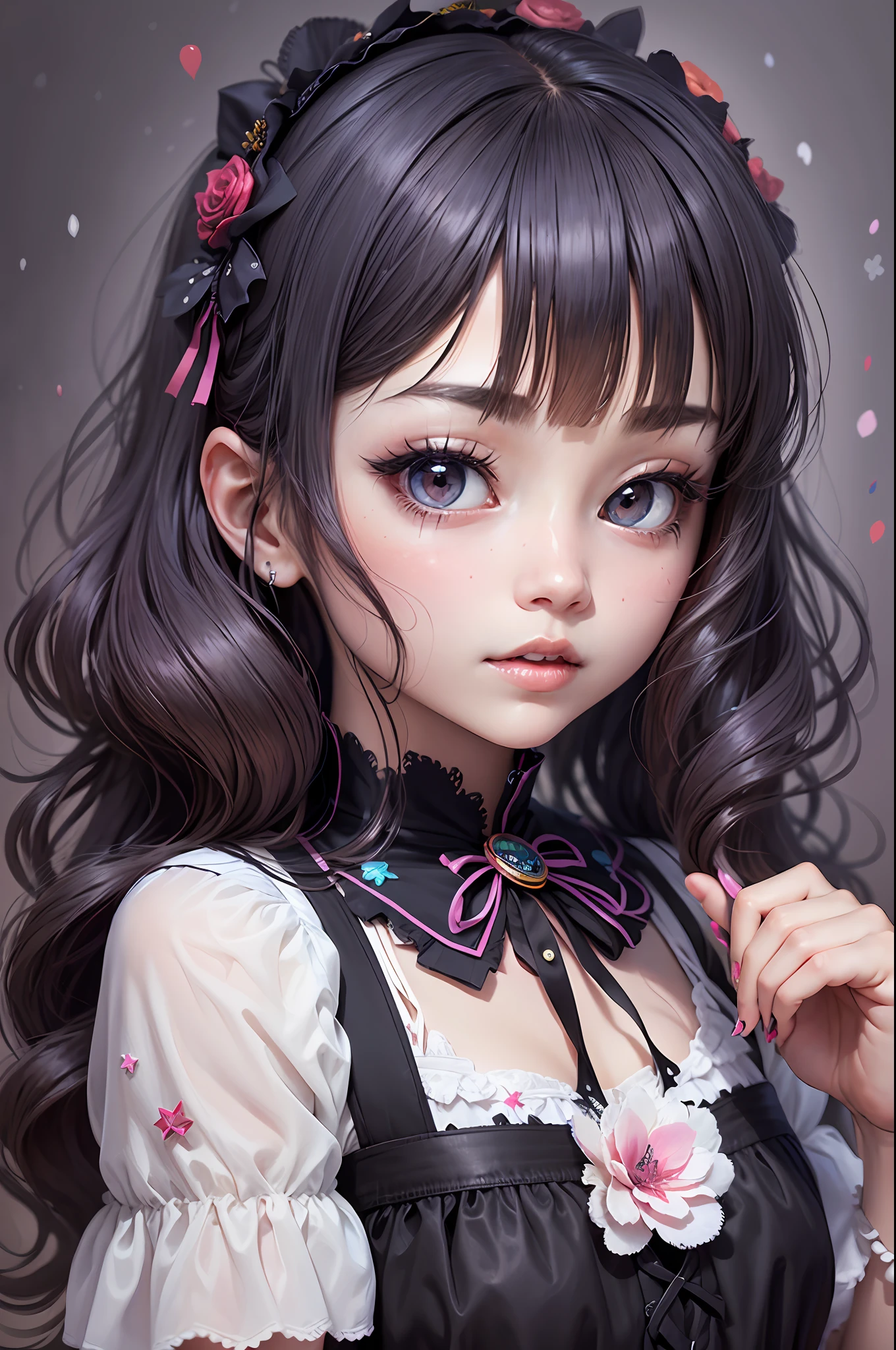 colourfull、Sprinkle primary color paint、Dripping、Gothic lolita、Cute Girls in Anime、long eyeslashes、Lower lashes、short bangs、奈良美智、anime illustrated --auto --s2