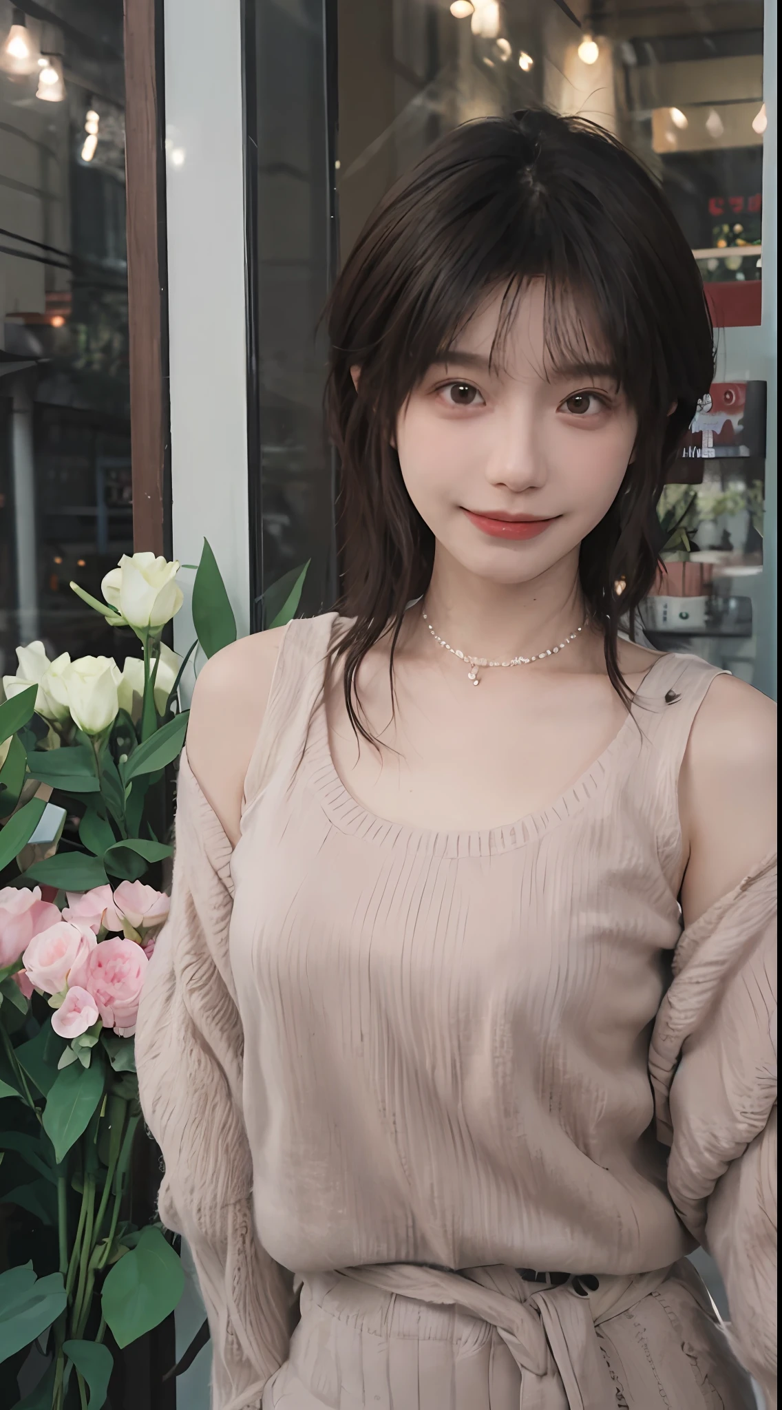 best qualtiy， 超高分辨率， （realisticlying：1.4），cute hairpin，Baoyu Girl，1girll, Beautiful woman with a slim figure:1.4, Abs:1.1, (A brown-haired, mideum breasts:1.3), Pink cropped sweater:1.1, Flower shop,Ultra-fine face，Elaborate Eyes，二重まぶた，ssmile，choker necklace