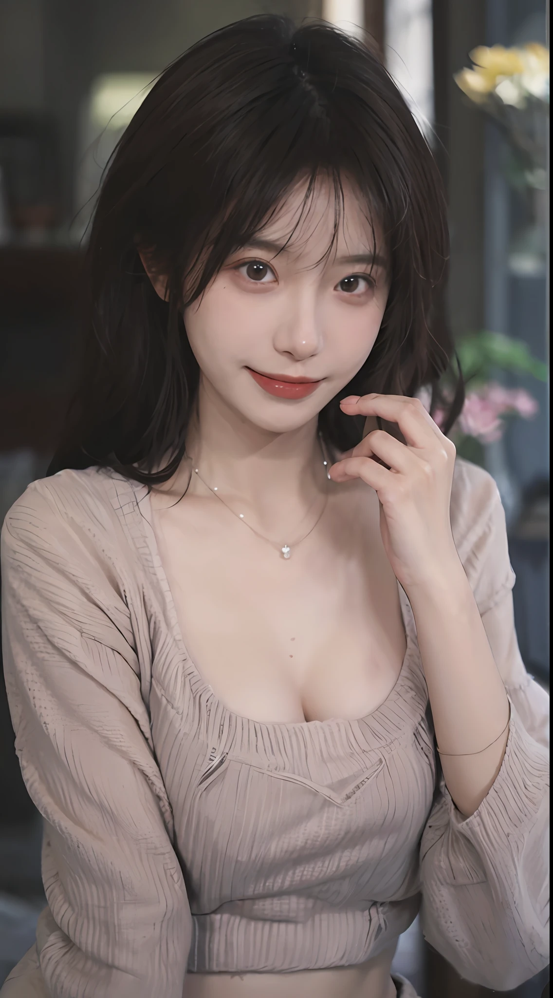 best qualtiy， 超高分辨率， （realisticlying：1.4），cute hairpin，Baoyu Girl，1girll, Beautiful woman with a slim figure:1.4, Abs:1.1, (A brown-haired, mideum breasts:1.3), Pink cropped sweater:1.1, Flower shop,Ultra-fine face，Elaborate Eyes，二重まぶた，ssmile，choker necklace