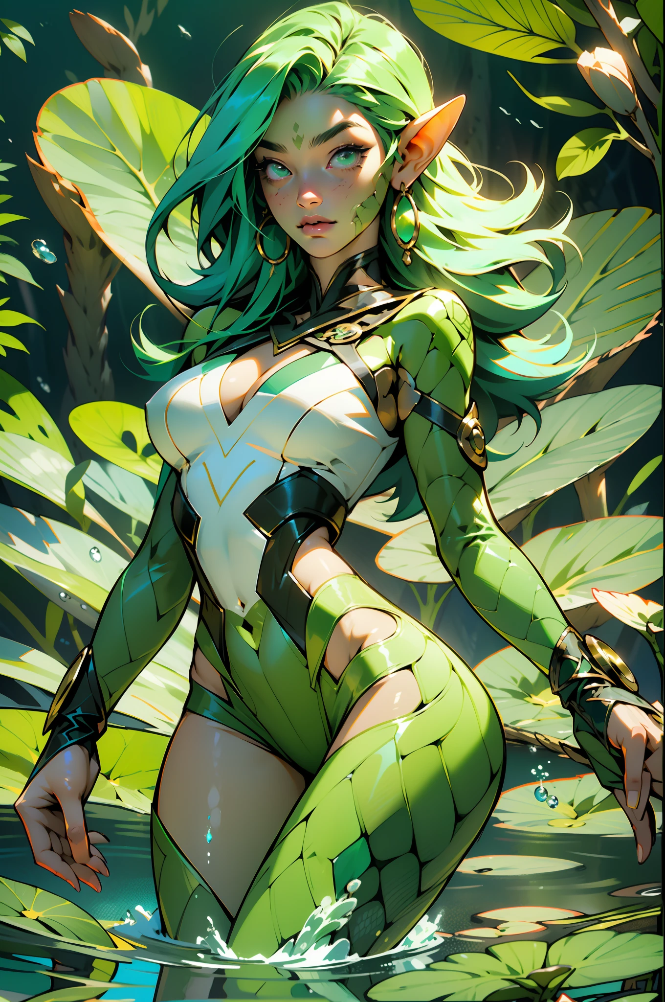 An anime character with green skin, (((green skin))), 35-year-old woman, elf ears, sea creature, scales, coming out of the water, minimal clothes, tiny thong, green hair, bare thigh, navel banding on the breasts, perfect body, large breasts, sexy pose, coming out of the water