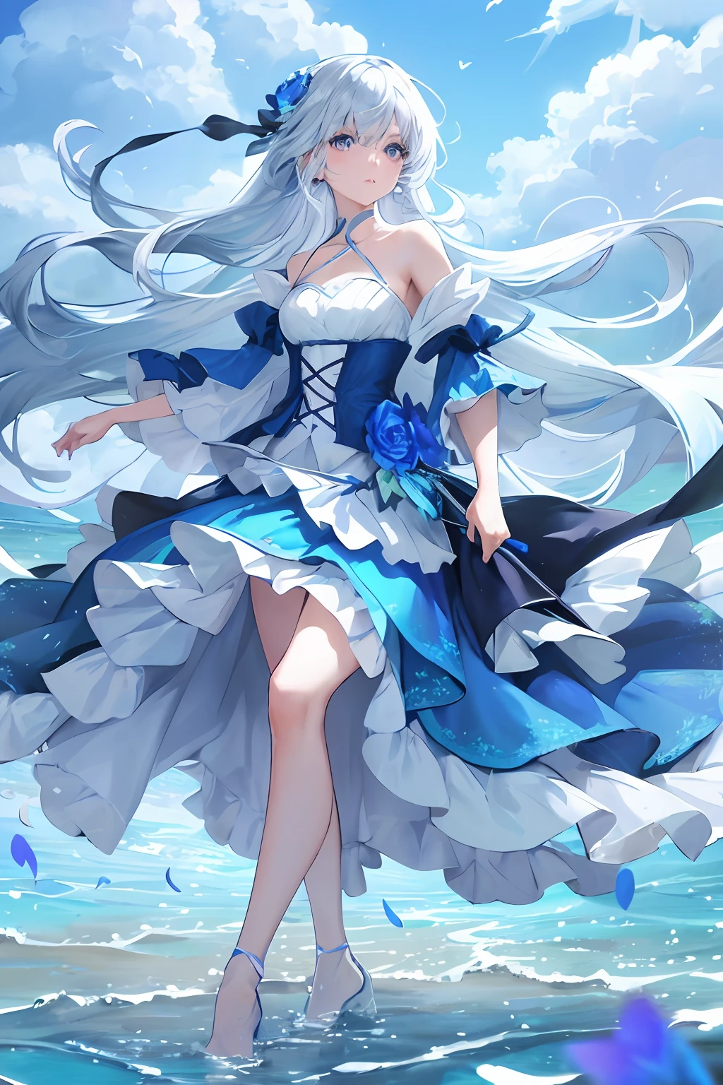 ，blue skirts，1girll，blue color eyes，long  white hair，Side Body，Stand on the edge of the beach，Glowing blue butterfly，falling flower petals，exteriors，​​clouds，Detail enhancement，best qualtiy，Perfect image quality，The wind blows the hair，Elegant and lightweight blue silk dance dress，Beautiful and gentle