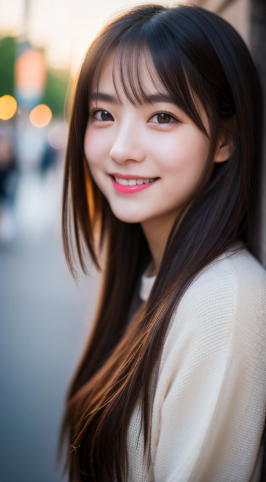 ​masterpiece, top-quality, Raw foto, Photorealsitic、full body Esbian、 beautiful a girl, cute little, shorth hair, depth of fields, hight resolution, ultra-detailliert, finely detail, ighly detailed, extremely detailed eye and face, Sharp pupils, Realistic pupils, foco nítido, Cinematic lighting、small tits、In the street、Casual wear、A smile