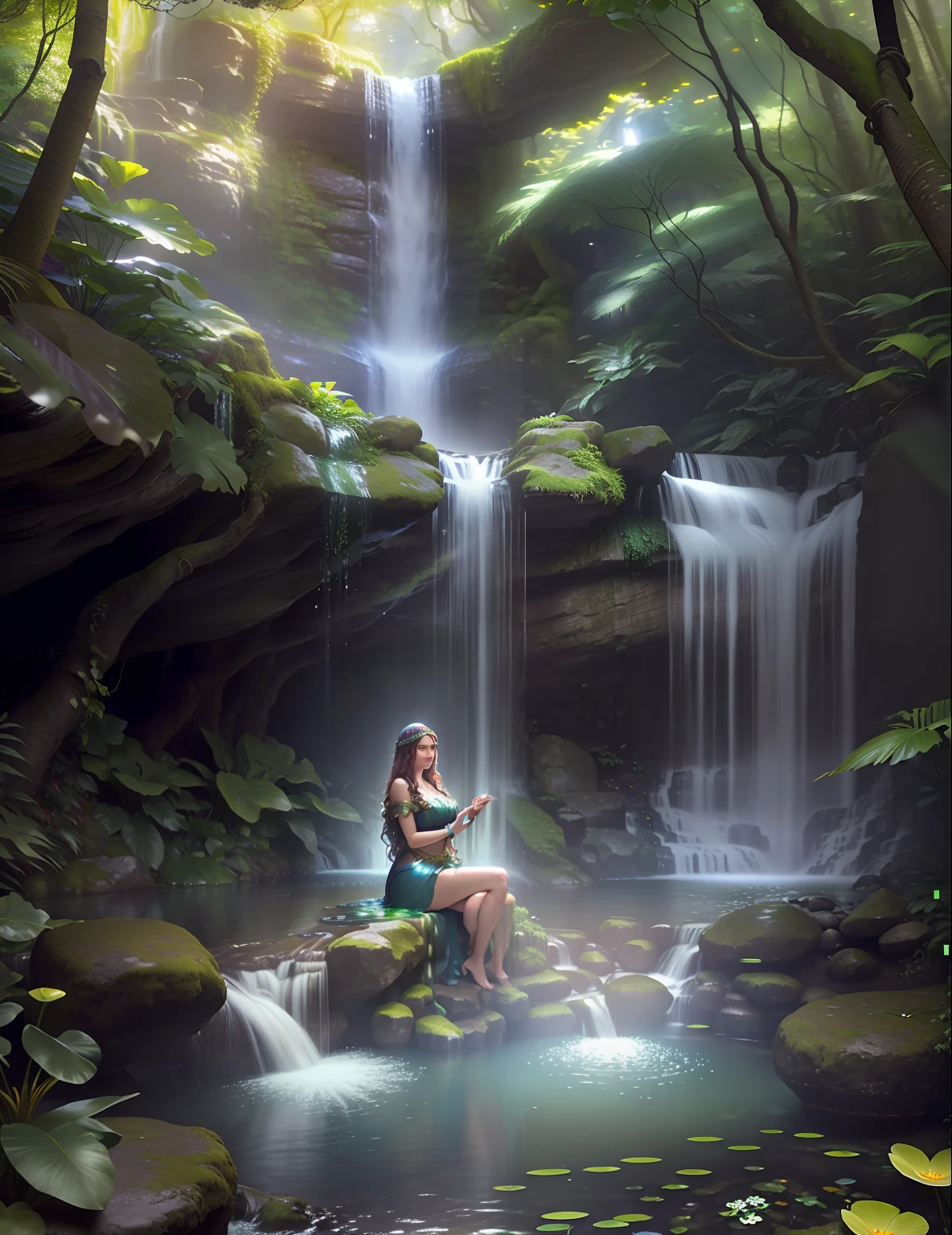 "A beautiful woman bathing in The Garden of Eden, surrounded by vibrant trees and a captivating waterfall, captured in stunning HDR, immersing the viewer in a mesmerizing fantasy world. The scene radiates a hyper-realistic and photo-realistic quality, resembling a breathtaking matte painting, achieved through the use of Unreal Engine."