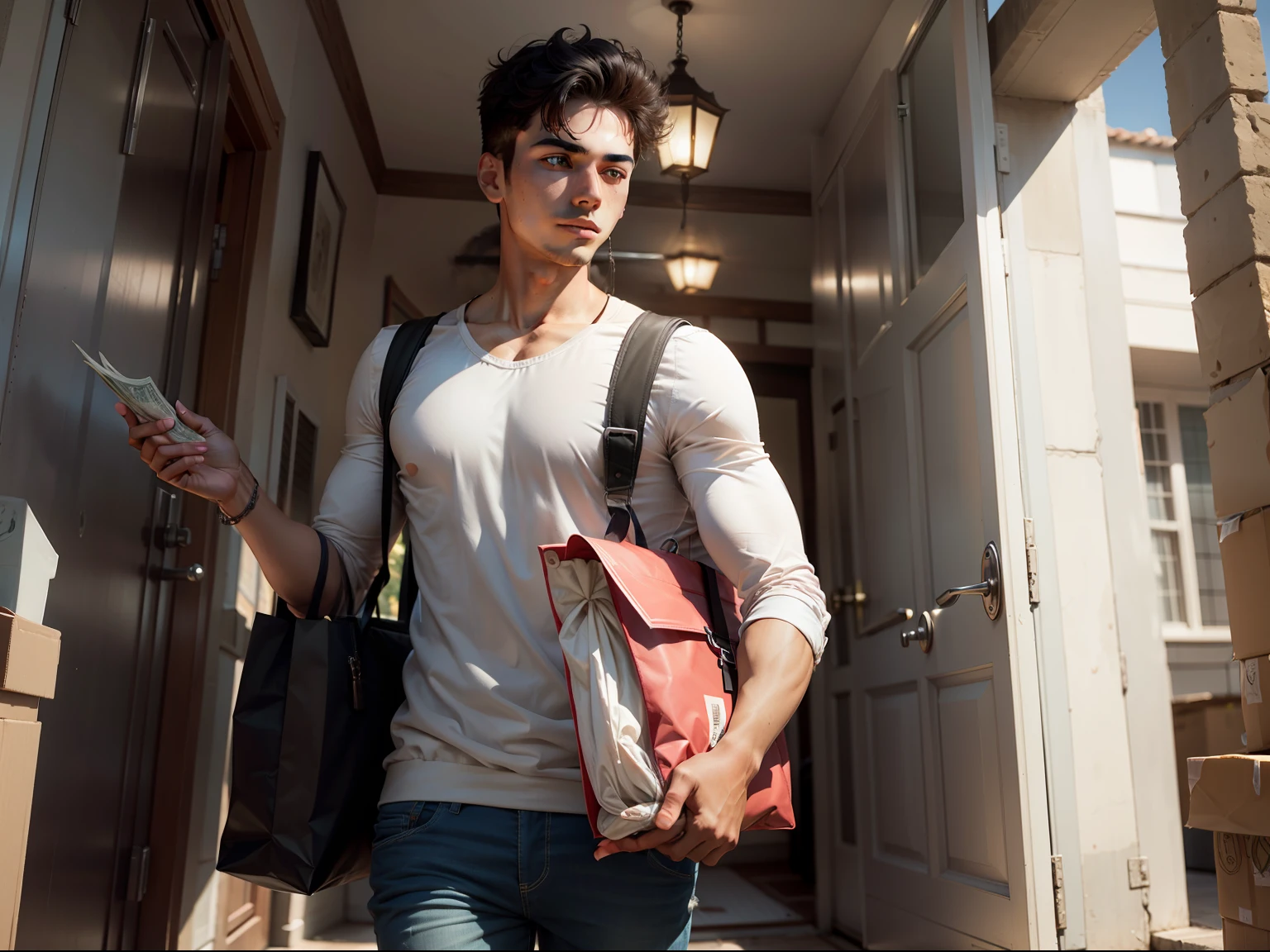 A young man leaving home with a bag full of money.
