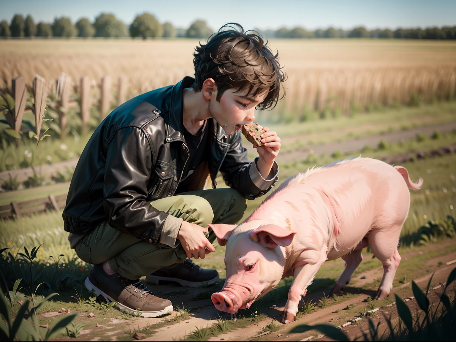 The prodigal son eating pig's food in a field.