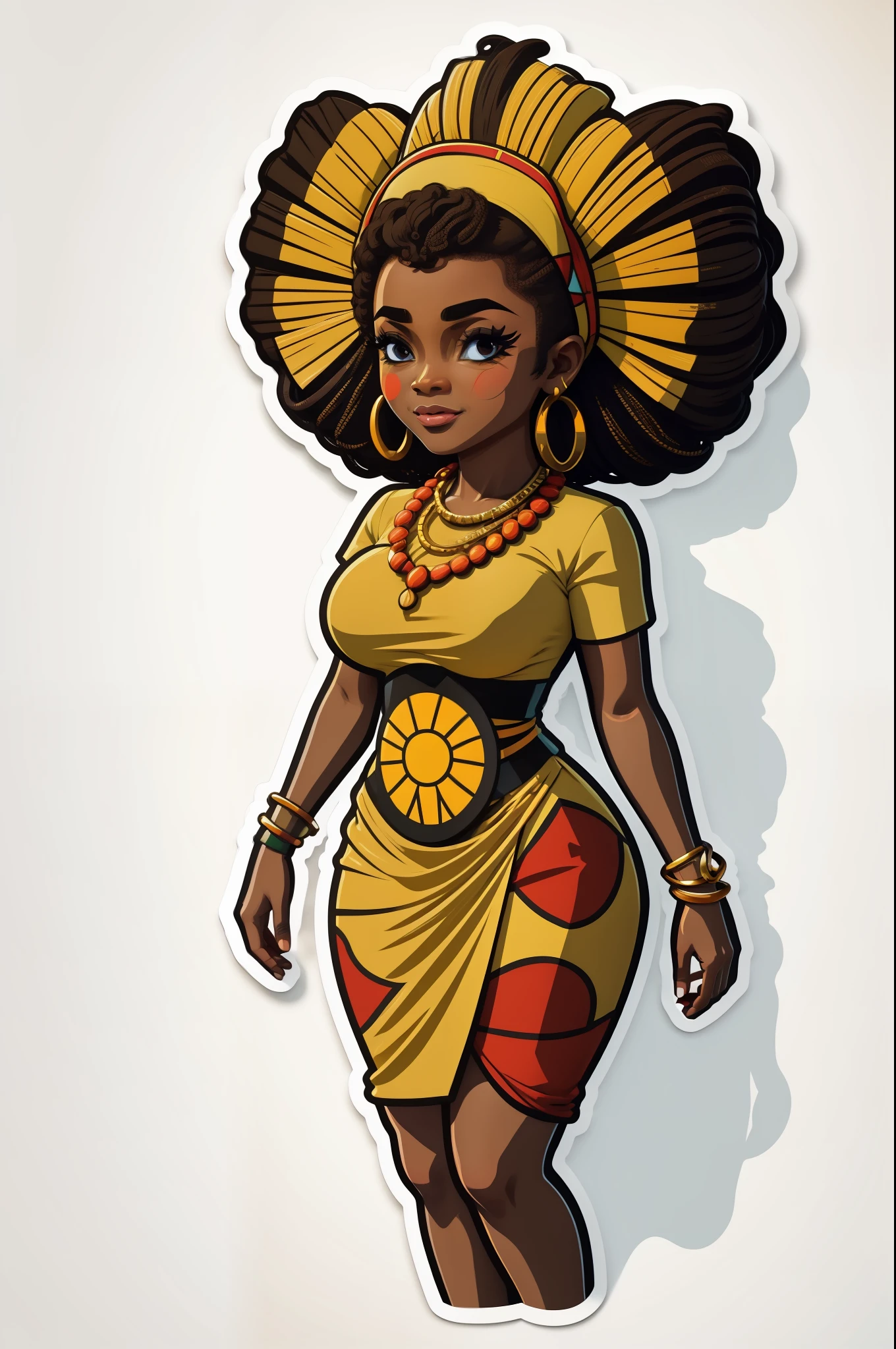 sticker sheet art, cartoon, icon, African woman in Ankara dress, white background, no background, Illustration, 4K, Vector, sharp focus, deep detailed, 4K resolution