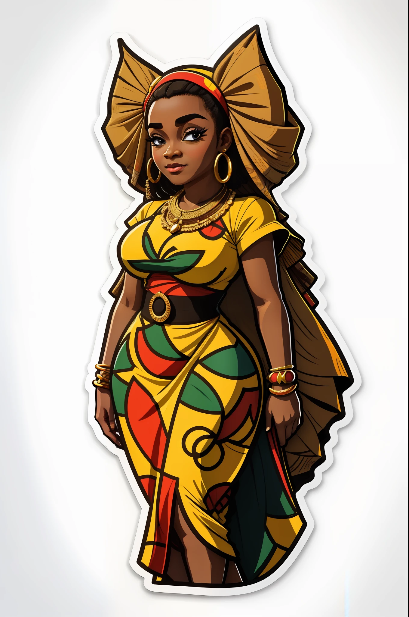 sticker sheet art, cartoon, icon, African woman in Ankara dress, white background, no background, Illustration, 4K, Vector, sharp focus, deep detailed, 4K resolution