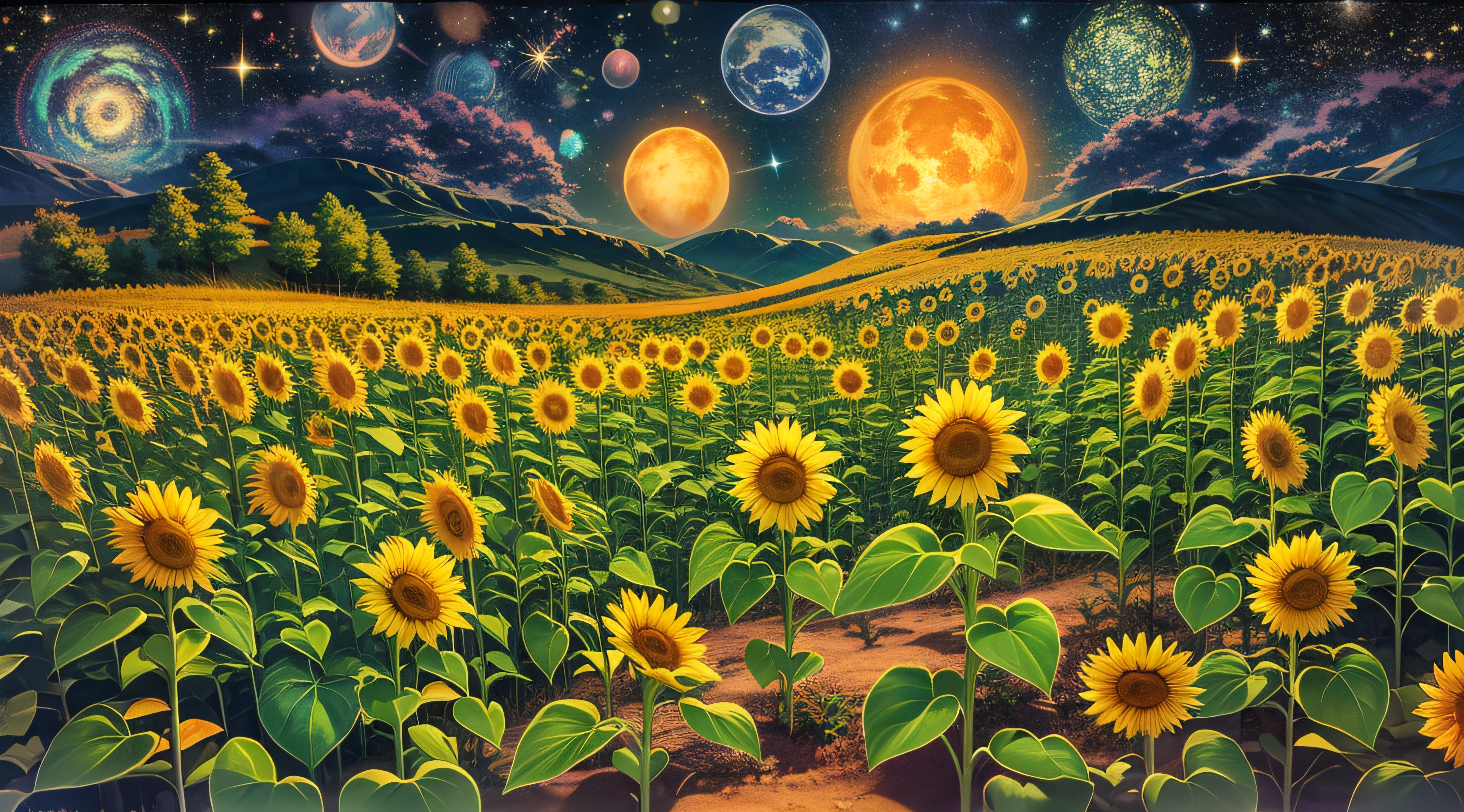 Masterpiece, ultra-detailed, starlit scene, sprawling sunflower field on a hill, under a magnificent night sky, vibrant yellow petals in the moonlight, myriad of stars, two visible planets, clear night, milky way, serene, celestial beauty, tranquility, awe-inspiring, mystical