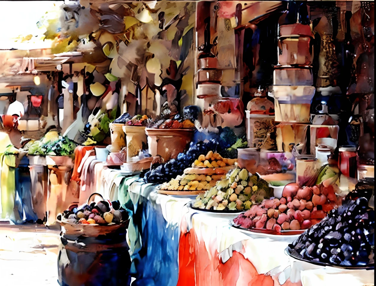Araffe Market with a variety of fruits and vegetables on display, Os ecos vibrantes do mercado, Stand colorido do mercado, mercado, Mercado de rua, bancas de mercado, marroquino, imagem impressionante, Marrocos, Marrakech, middle eastern style vendors, Inside an Arab market bazaar, estande de frutas coloridas, cor, market setting, Coloridos, mercado, barraca de comida, cena vibrante, Mercado movimentado