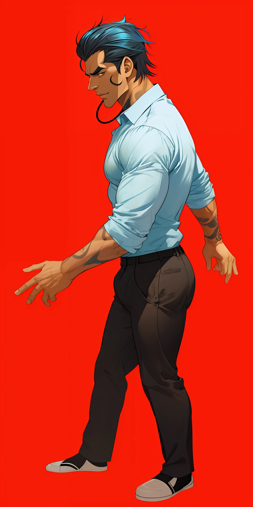turn this man to cartoon style, with black skin, blue shirt, handsome man