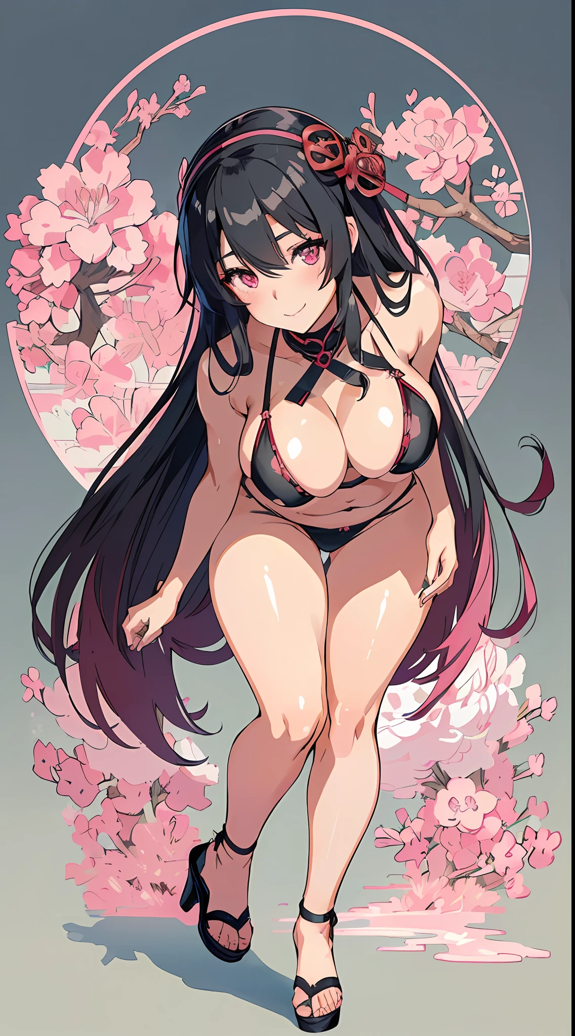 NSFW, (mushoku tensei, Akatsuki-chan), (Tight ultra detail bikini, high-heels), (Very elegant straight hair to the shoulders, Very beautiful black hair), (masterpiece:1.2 Top Quality:1.2, in 8K, 2D, wall-paper:1.2, The Ultimate Illustrator:1.2, High resolution), 1womanl, (open stance), (kawaii faces), (More eyelashes), (Amazing eyes), ((The focus of her face seen from the front:1,3)), ((Close her face:1.2)), Very close to the face from below, kawaii, (ultradetailed eyes, Pink eyes), (Beautiful detail double), Smooth nose, (Curvaceous:1.2, Footboard beauty:1.2), (Love Smile),