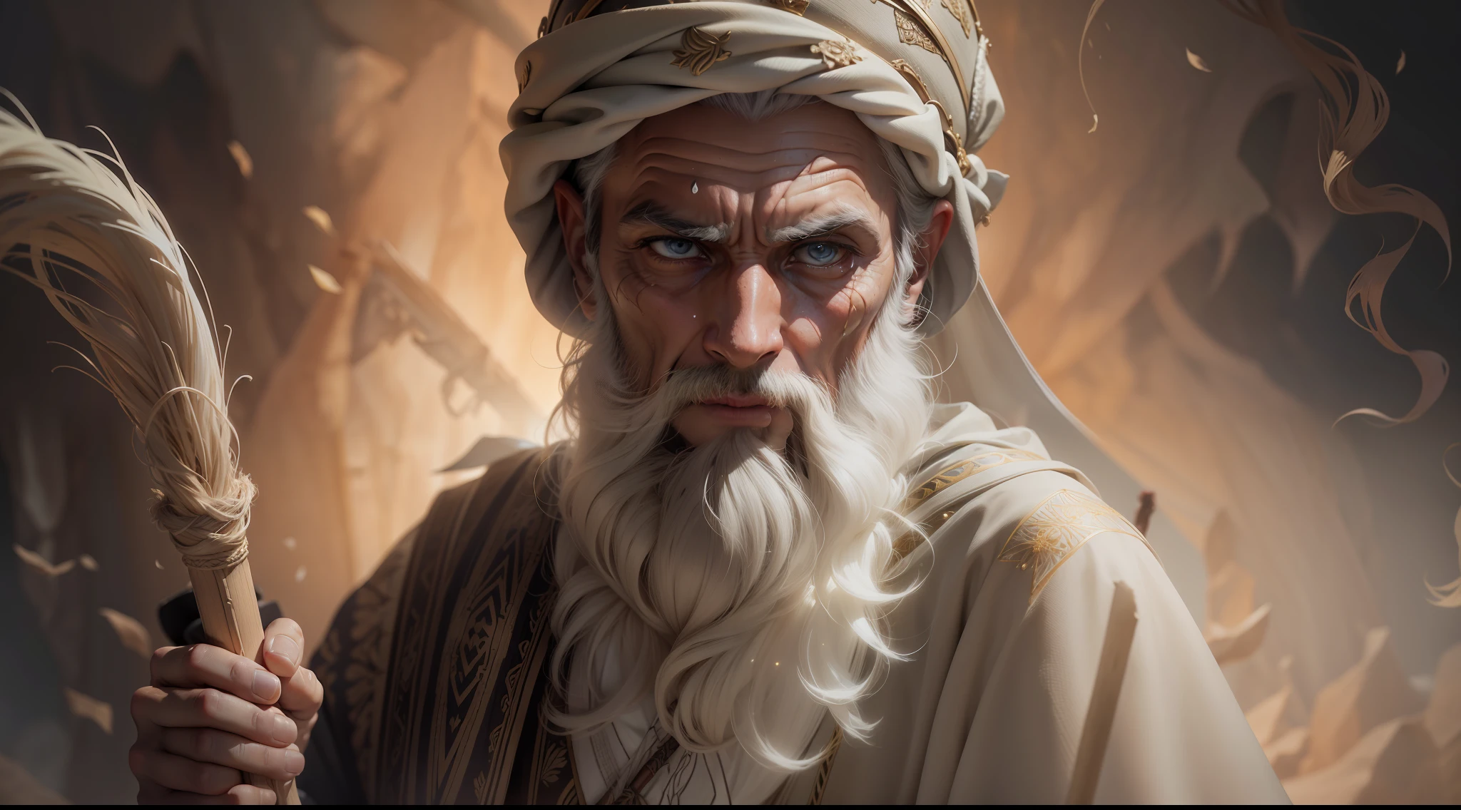 Foto realista, obra-prima, melhor qualidade, artistic composition, in an ancient biblical prophet holding a staff in his hand, explaining something facial expression of intense concentration., roupas altamente detalhadas, texturas de roupas realistas, detalhes abundantes, intrincate details, textura da pele, Pontos, rugas, rugas de roupas, floating dust particles, brilho, brilhante, misterioso, 4k, UHD, da mais alta qualidade