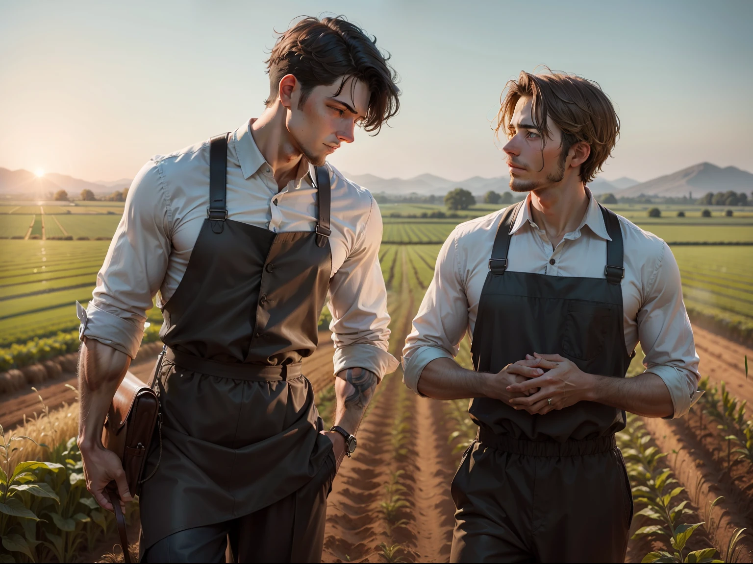 The prodigal son working in the fields alongside his father after his return.