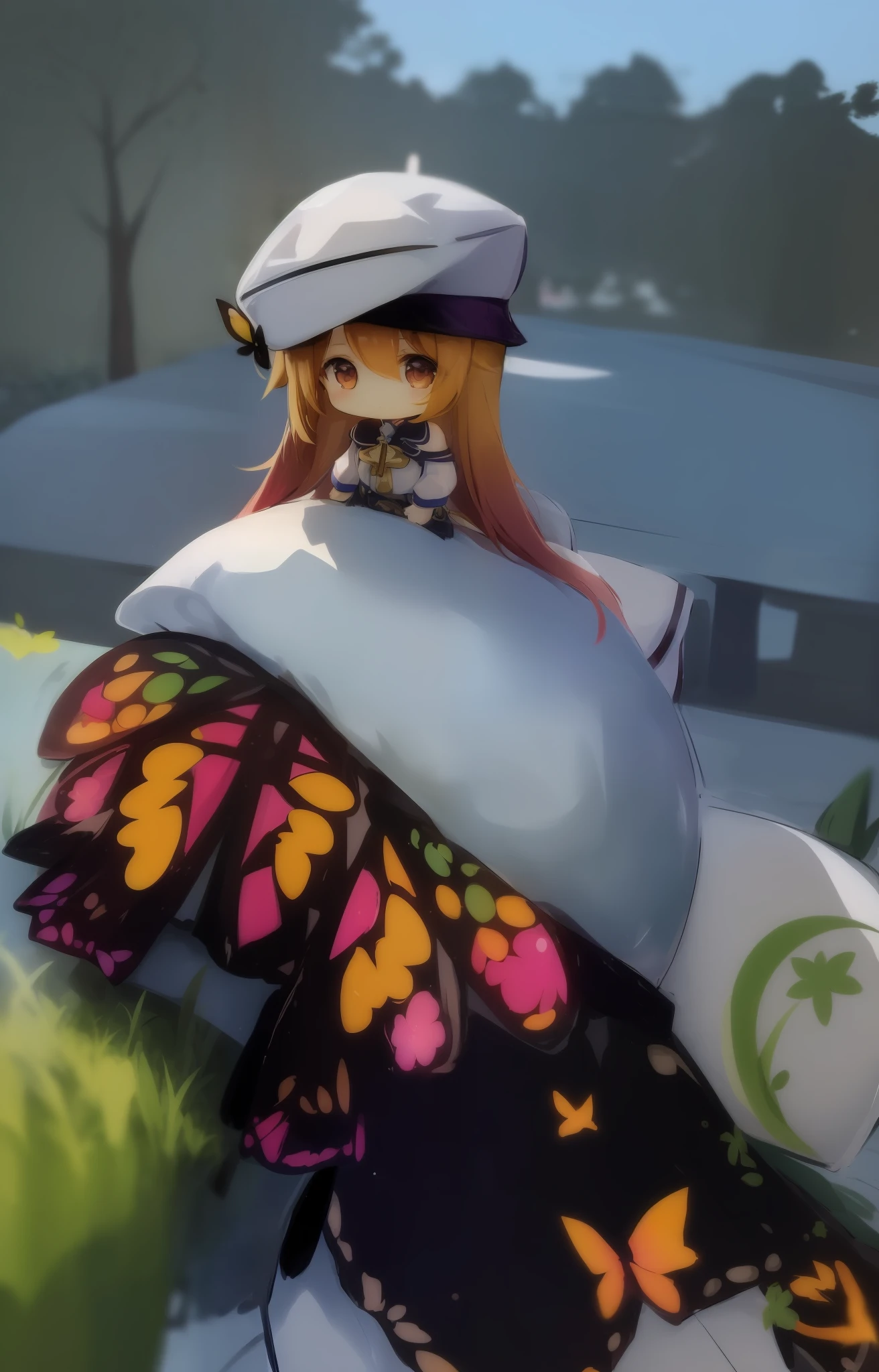 1girl, nilou \(Impacto de Genshin\), Chibi,un abanico de mariposa en la almohada, fondo colorido