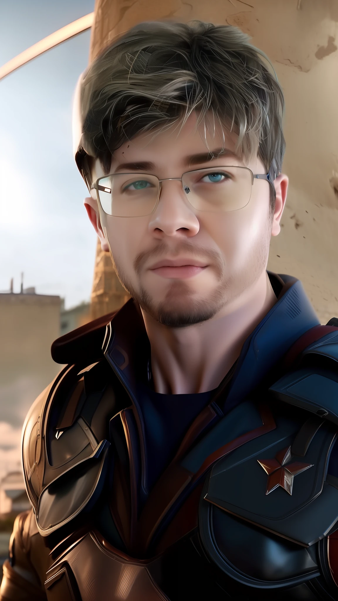 Chris Evans como Steve Rogers / Captain America, natural facial expressions, Beautiful, Dramatic, corajoso, penteado premiado, is a true masterpiece of masculine beauty, o rosto como no filme, perfecting the anatomical perfection of a man standing tall in an abandoned city. The studio's lighting highlights the film-like armor, which boosts your confidence. The scenery is lush and mysterious, com a cidade escura e seus arredores. The camera details everything. Ao olhar em belos olhos, there are eyes that will attract people. His gaze is on the viewer, you can clearly see every small detail, cada linha perfeita, cada detalhe de couro bonito com qualidade 8K, people are captivated by the confidence radiating from each eye. His head is framed with brown blonde hair and his face is drawn in meticulous detail using 8K quality images.