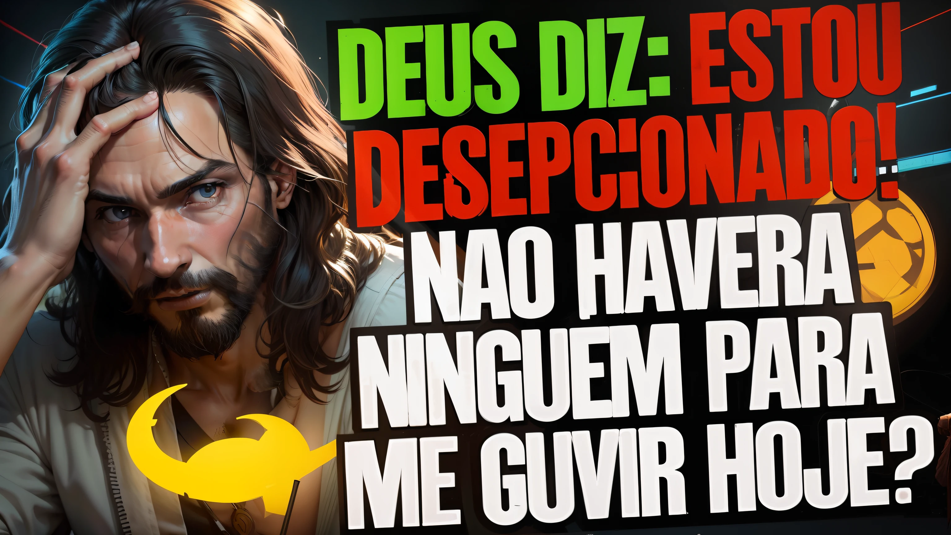 Un hombre con cabello largo y barba sosteniendo su cabeza entre sus manos, foto realista, 4k, YouTube Thumbnail, Nicodemus, 🇺🇦, Deregoue, 🔞🤡, Jesus Gigáchad, deceitful, Deus ex, 🌻🎹🎼, dibujo, Jesus, Jesus Ninja, (arte digital), 0 0 0, 000, fondo: Diego Fazio
