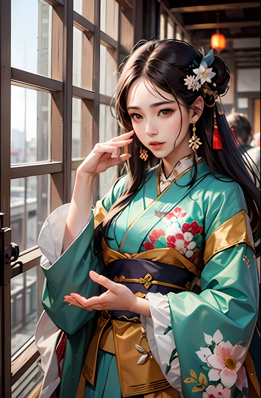 Warring States period,2 female generals,duo, very beautiful face, high dynamic angle, 8K, very delicate, very dense, vivid color, dynamic wallpaper Japan kimono and Chinese Hanfu MIX, beautiful black hair,
