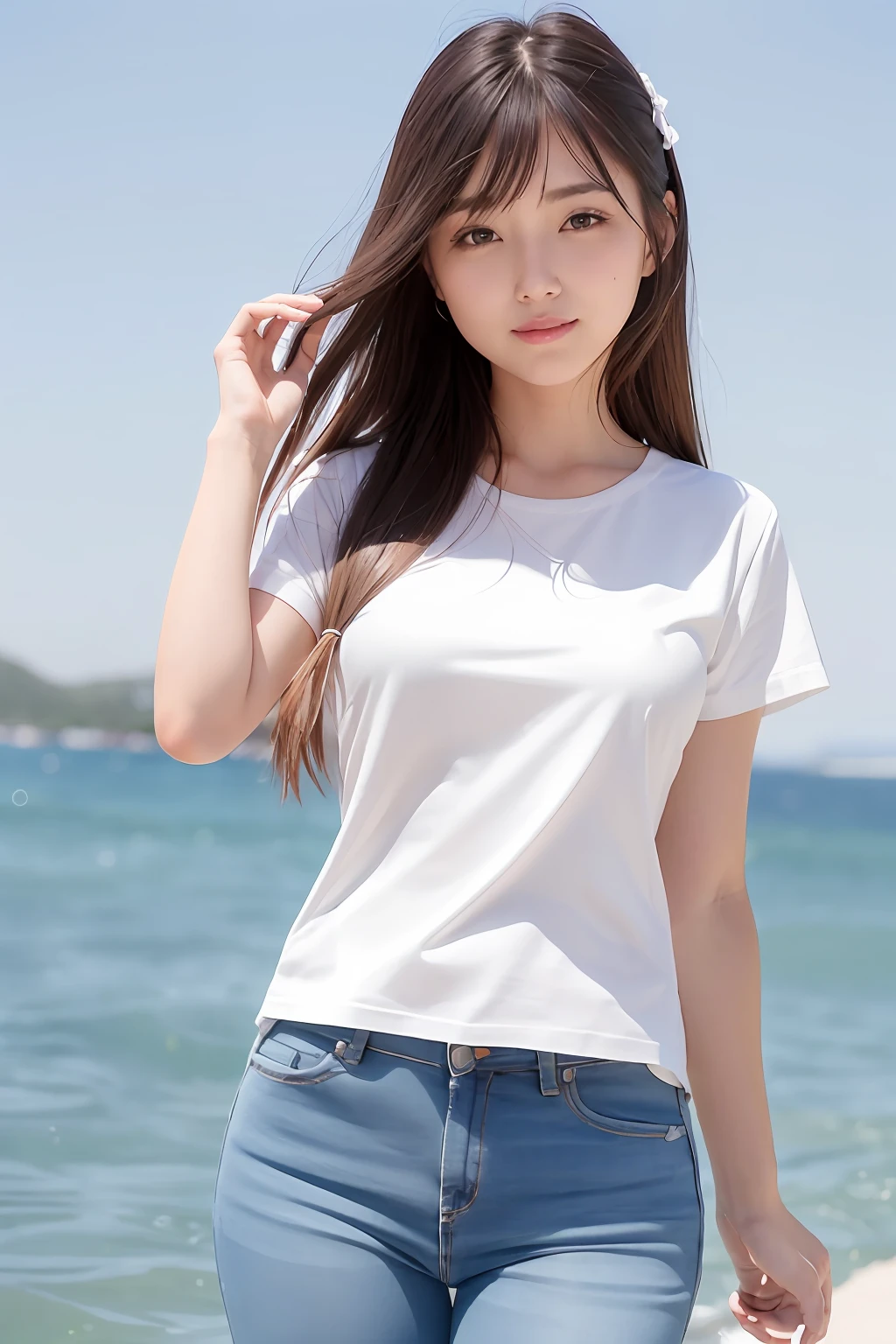 (8K, top-quality, masterpiece:1.2), (realisitic, Photorealsitic:1.37), ultra-detailliert, One girl,cute little, 独奏,Beautiful detailed sky,date,(Nasal blush),(A smile:1.15),(a closed mouth)tiny chest、beatiful detailed eyes、(length hair: 1.2)、Floating Hair NovaFrogStyle、The upper part of the body、Tight white t-shirt、Tight jeans、sea the background of