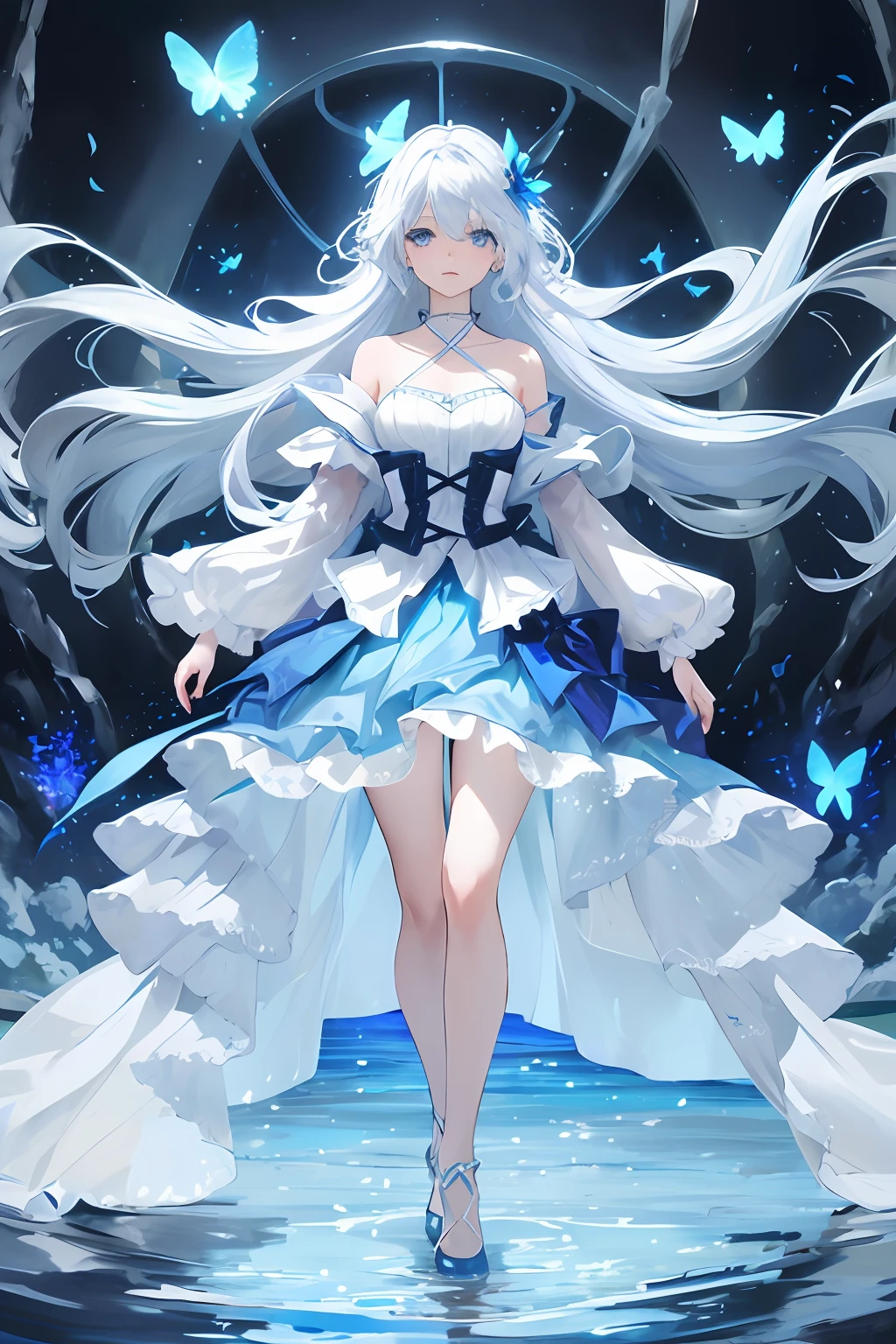 ,blue skirts,1girll,blue color eyes,long white hair,Side Body,Standing in the sea,Glowing blue butterfly,falling flower petals,exteriors,clouds,Detail enhancement,best qualtiy,Perfect image quality,The wind blows the hair,Elegant and lightweight blue silk dress,Beautiful and gentle