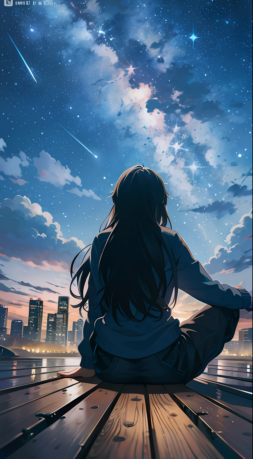 Anime girl sitting on a dock looking out over town at night, Makoto Shinkai Cirilo Rolando, Anime Art Wallpaper 4K, Anime Art Wallpaper 4K, Anime Art Wallpaper 8K, cosmic skies. por makoto shinkai, Papel de parede anime 4k, 4k anime wallpapers, Anime Wallpaper 4k, girl looks at the space, estilo anime 4K