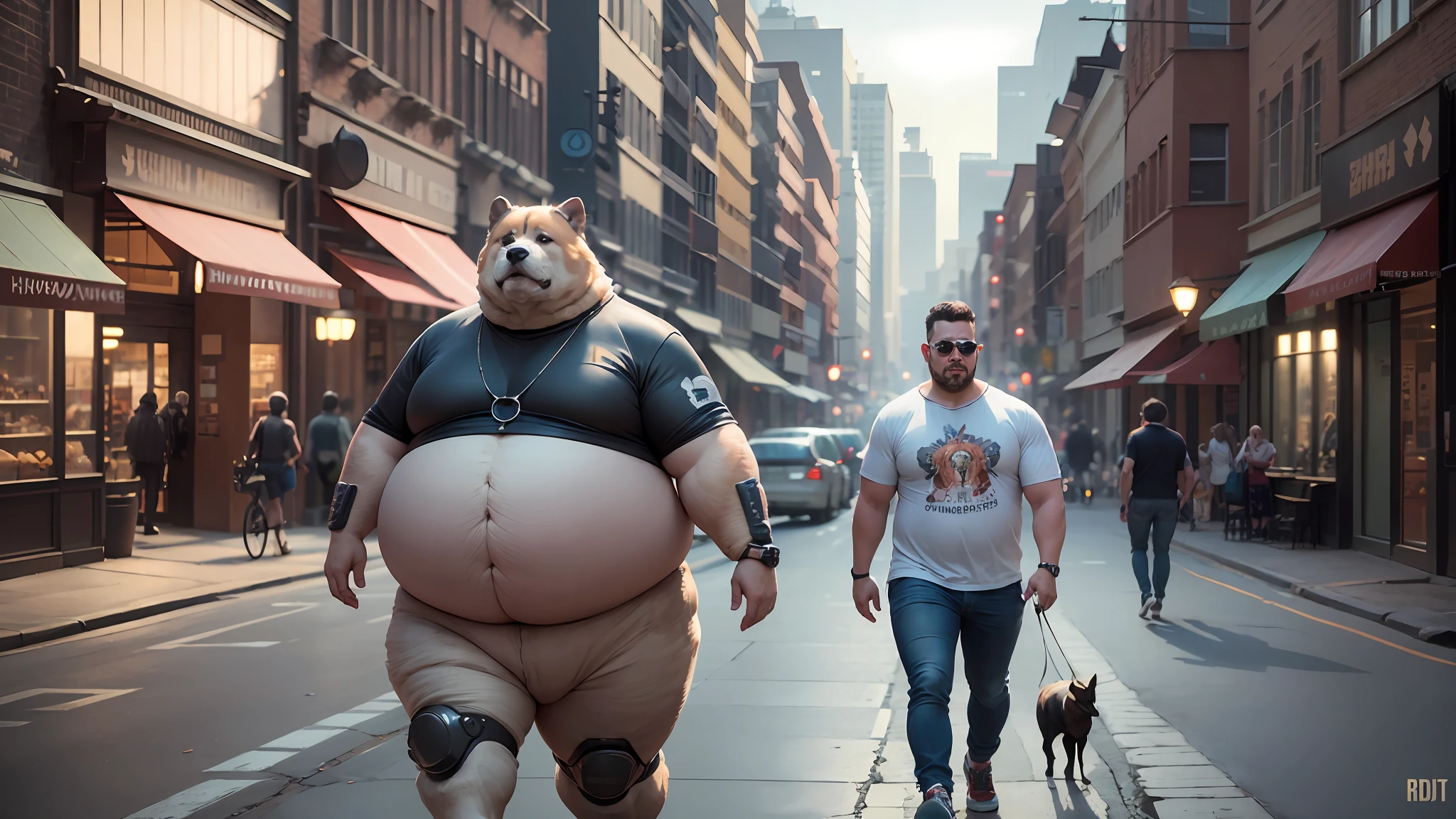 overweight, fat young man wearing casual, stylish, fashionable clothes, with his caramel dog, walking on the sidewalk of the busy street, high quality image, ultra realistic, highly cinematic lighting, by Roger deakins, Ridley Scott, Ash Thorp, Friendly Robot, Ian Hubert, ultra detail, photo - real, 8k    - --auto --s2